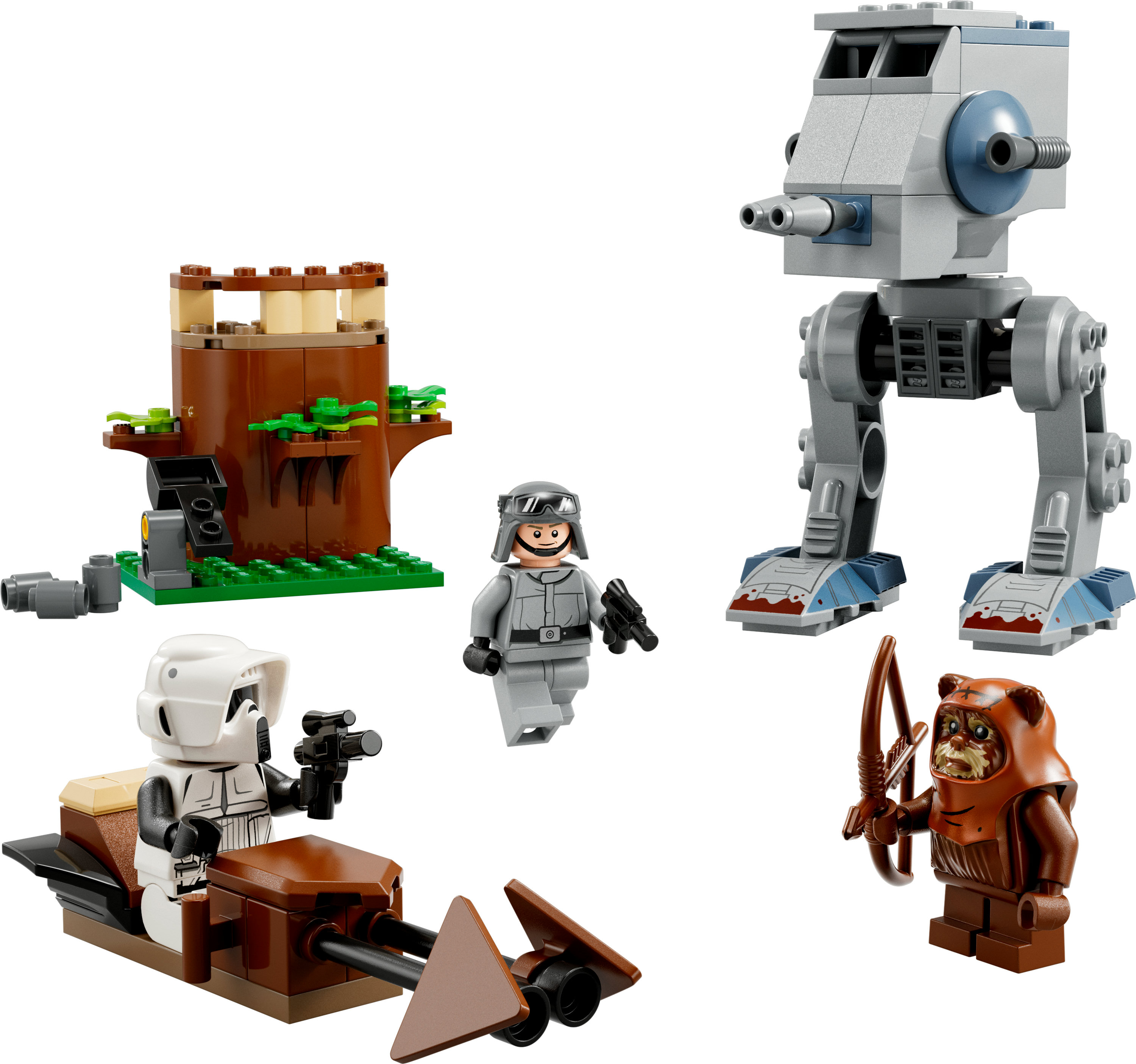 Zestaw LEGO Star Wars z AT-ST, Scout Trooperem na speederze, Ewokiem i drzewem. Kolory szare i brązowe.