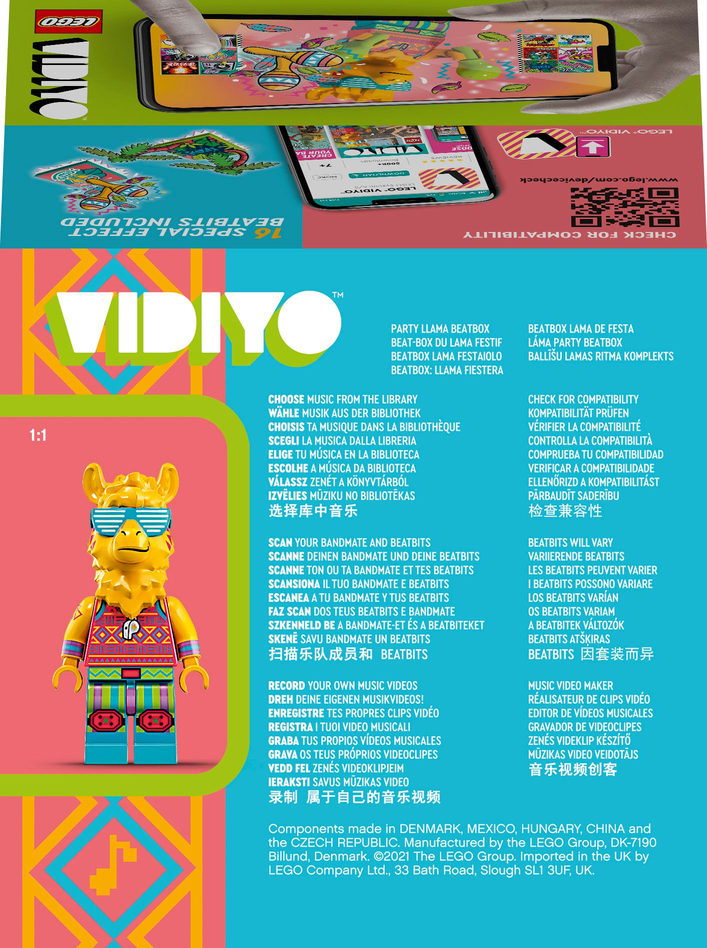 Ein Vidiyo-Box-Set mit einer gelben Lama-Minifigur. Enthält Text und Grafiken zum Thema Musik.
