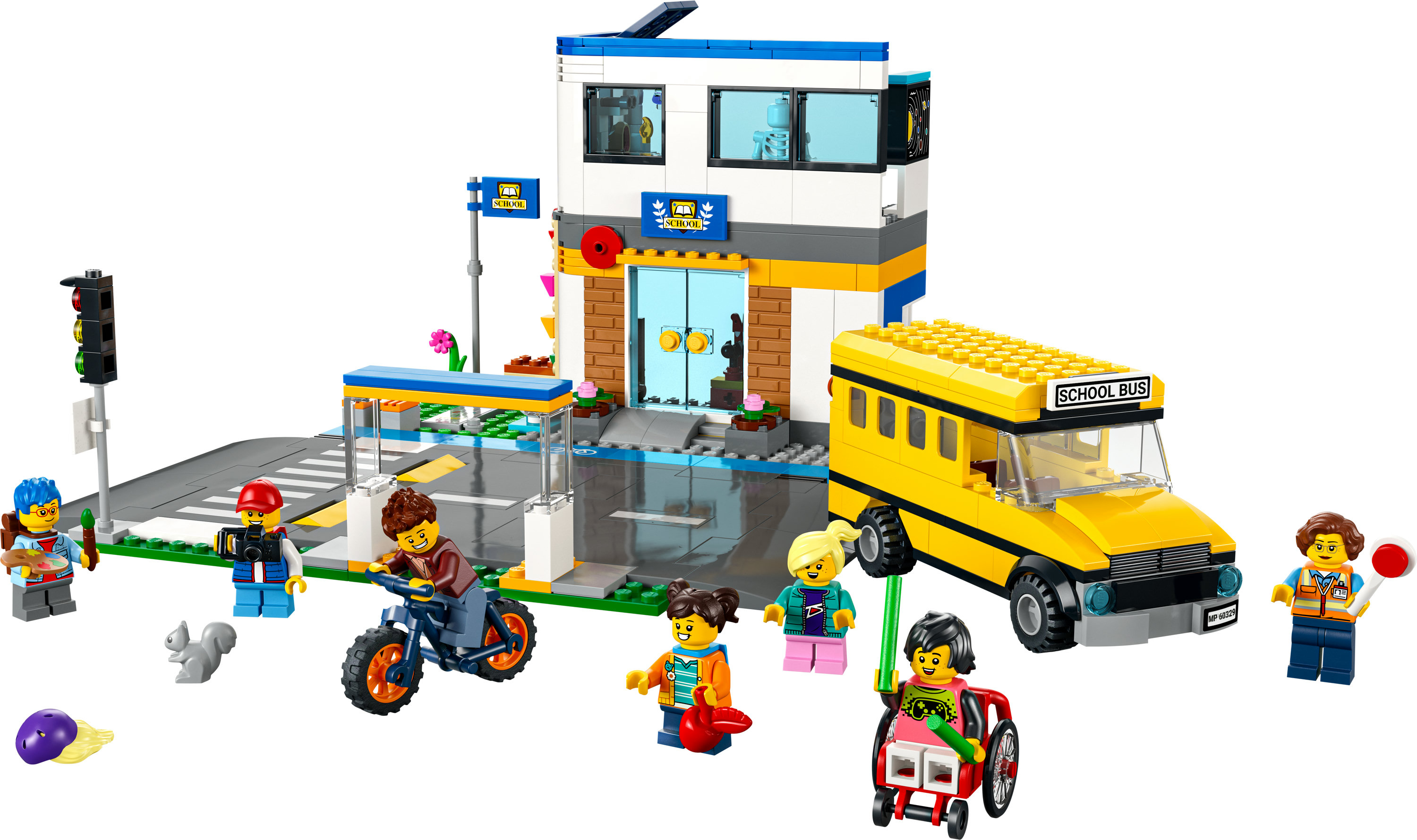 Lego City school set with a school bus, figures, street scene, and various accessories.