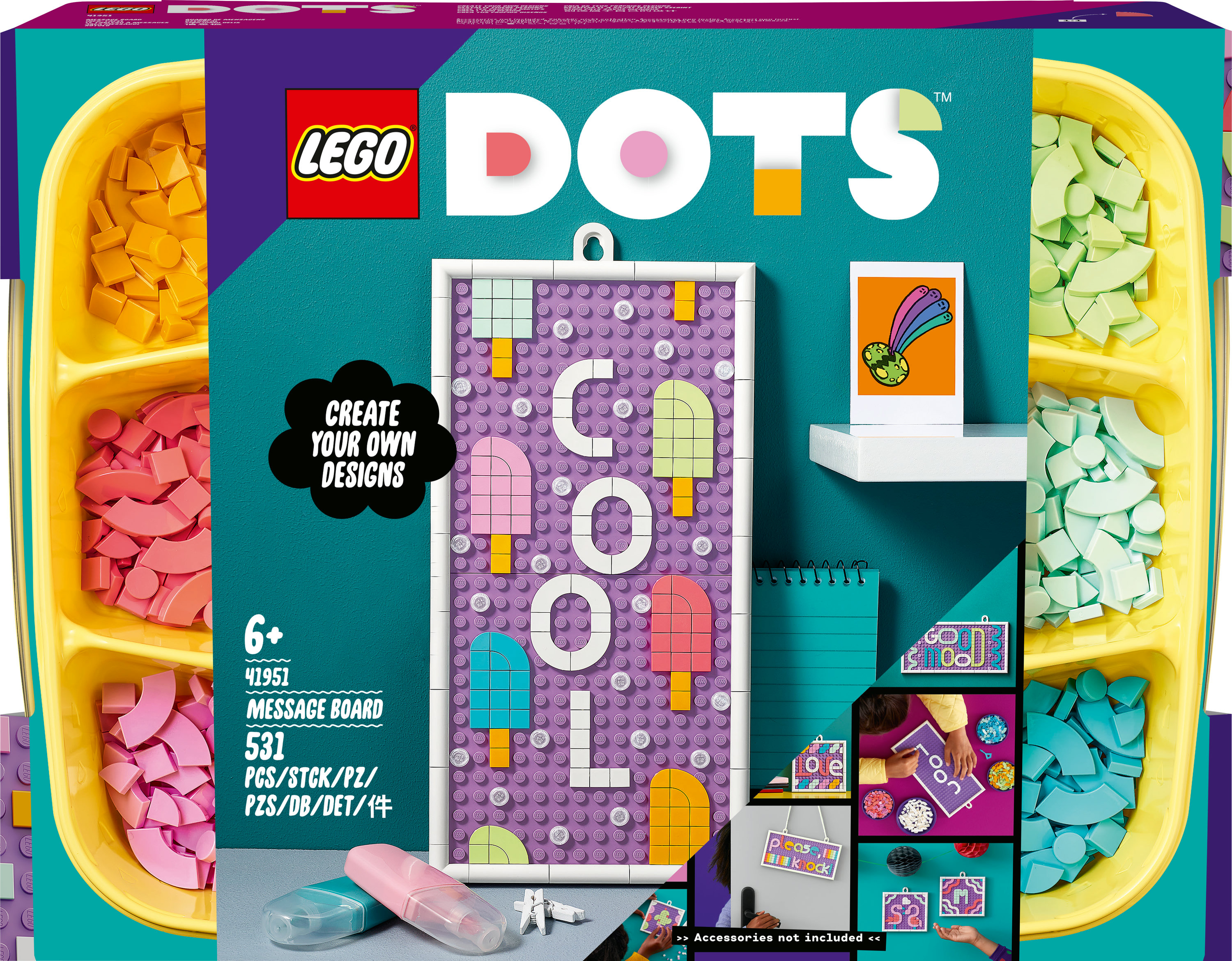 Un set LEGO Dots Message Board con pezzi colorati e una lavagna che scrive COOL.