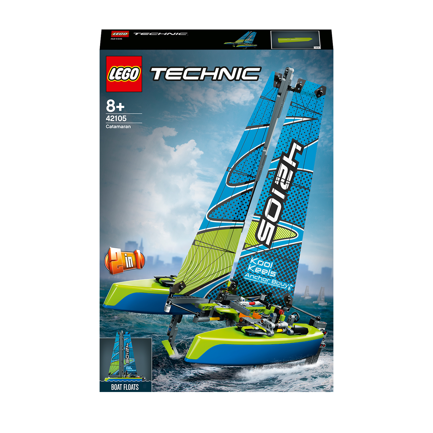 LEGO Technic Katamaran-Set-Box-Art, die ein blaues und grünes Segelboot auf dem Wasser zeigt.