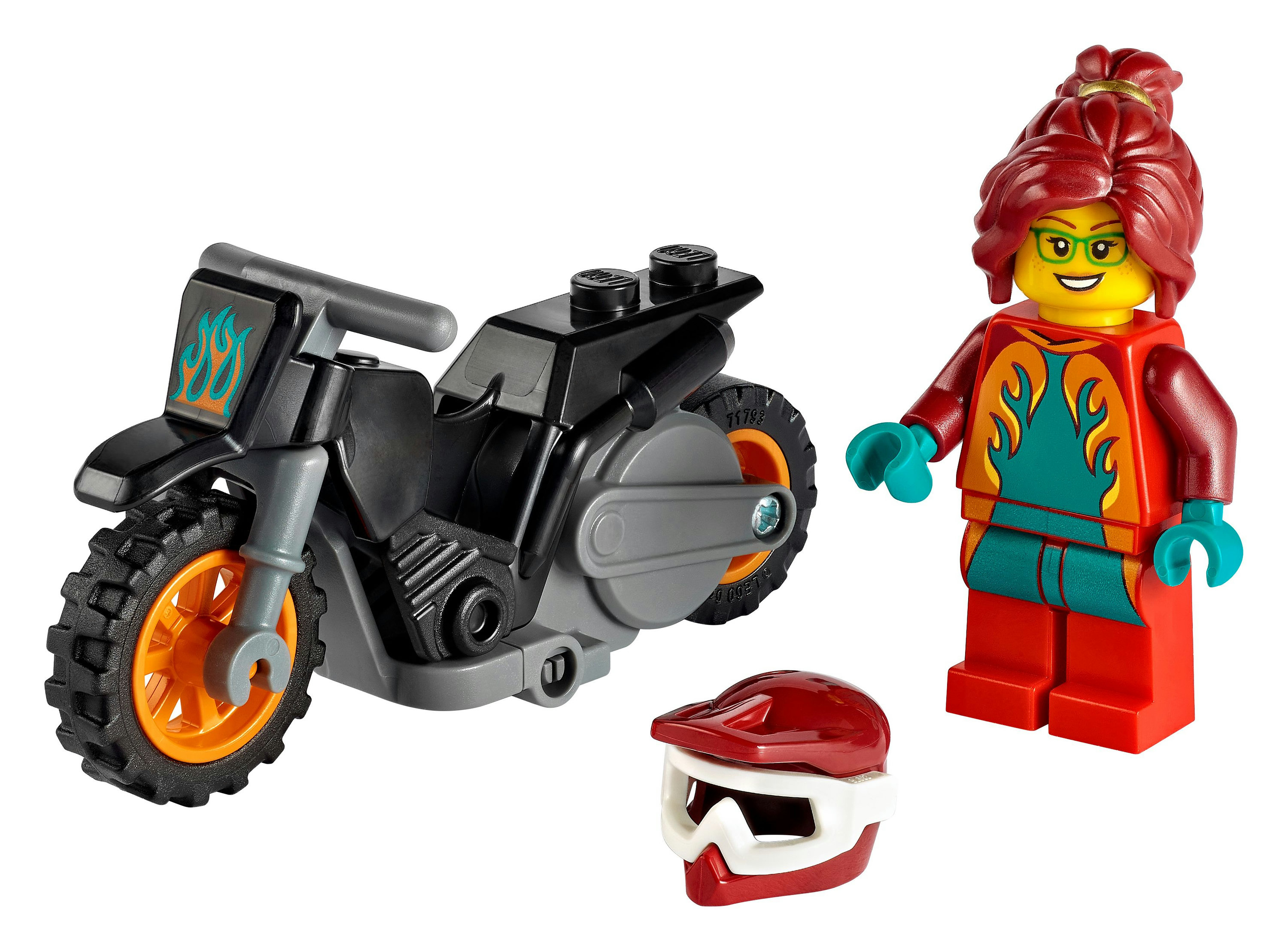 Eine Lego-Figur und ein schwarzes Motorrad, mit Helm. Die Figur hat feuerfarbene Kleidung.