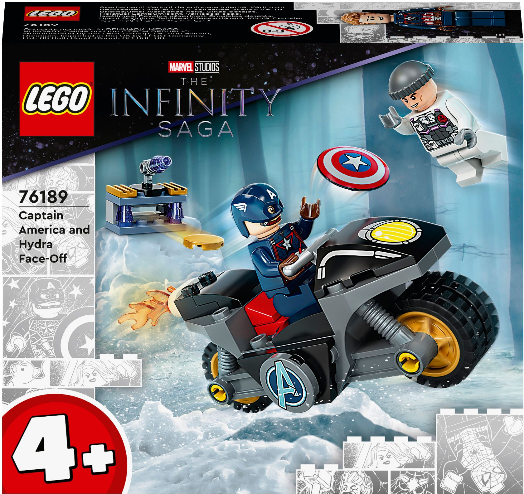 Lego-Set mit Captain America auf einem Motorrad, Hydra im Hintergrund und Box-Art.