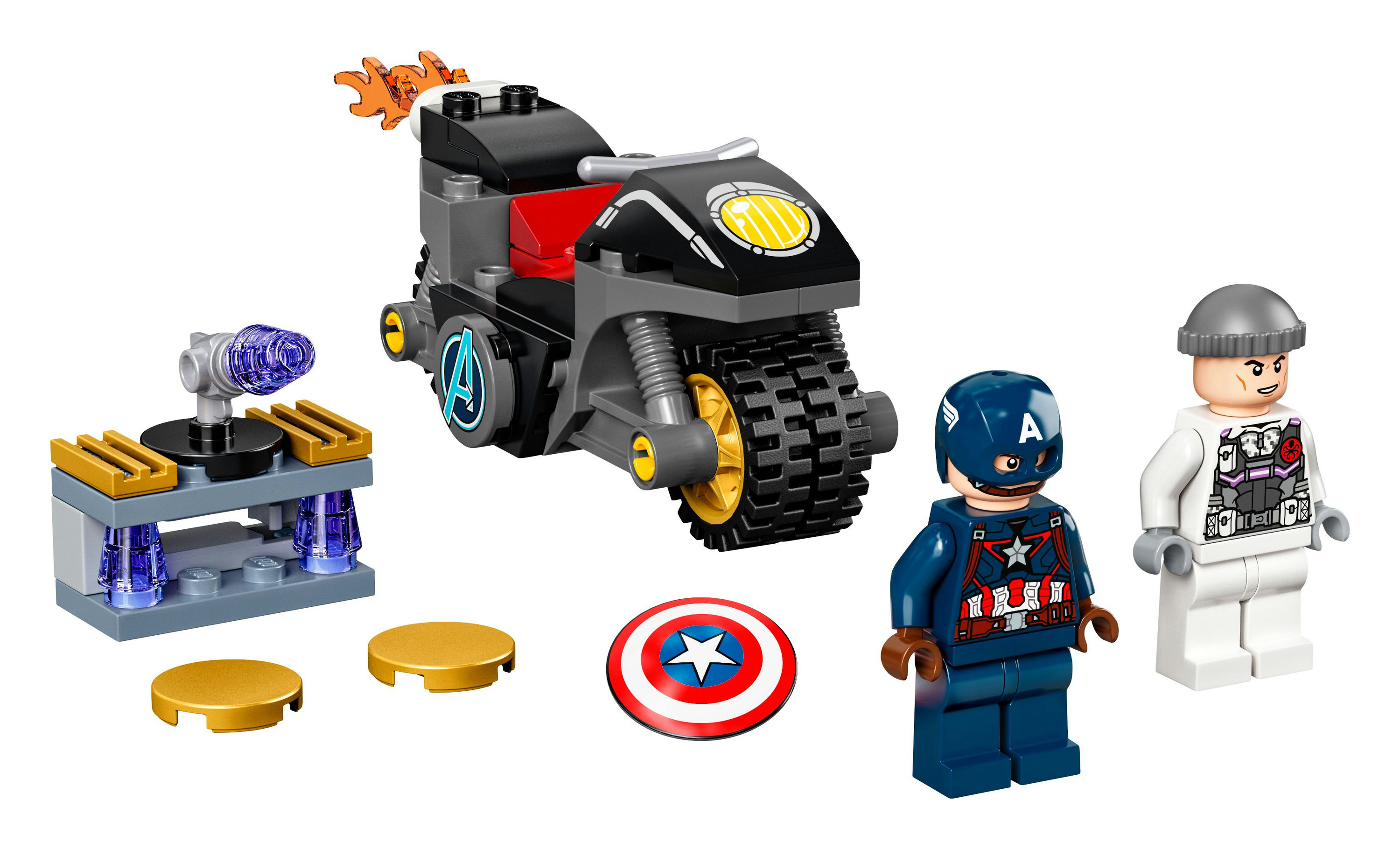 Lego-Set mit Captain America, einem Bösewicht und einem schwarzen Motorrad mit einem Nebenbau.