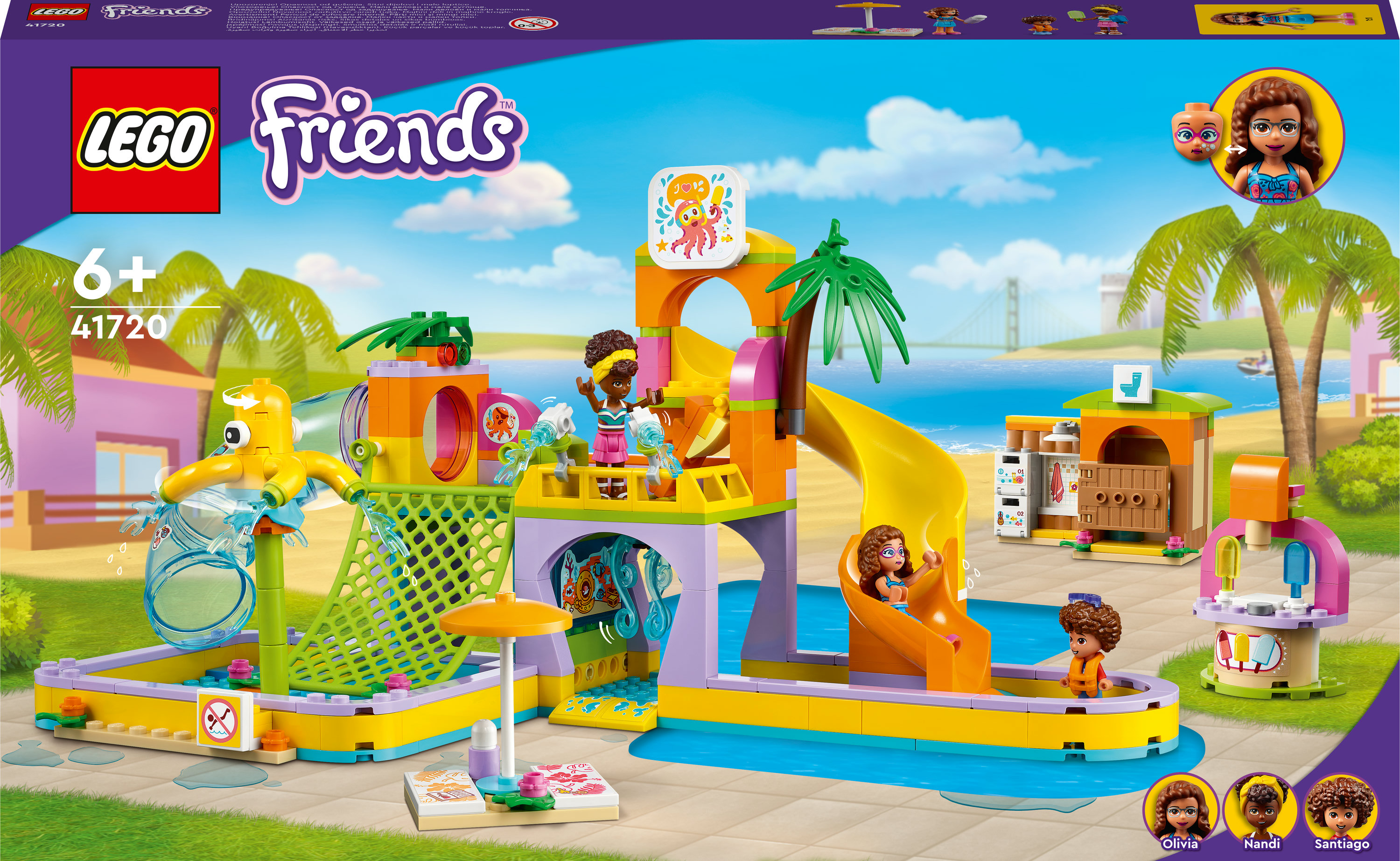 Zestaw LEGO Friends o tematyce parku wodnego. Zawiera zjeżdżalnie, figurki i kolorowy design.
