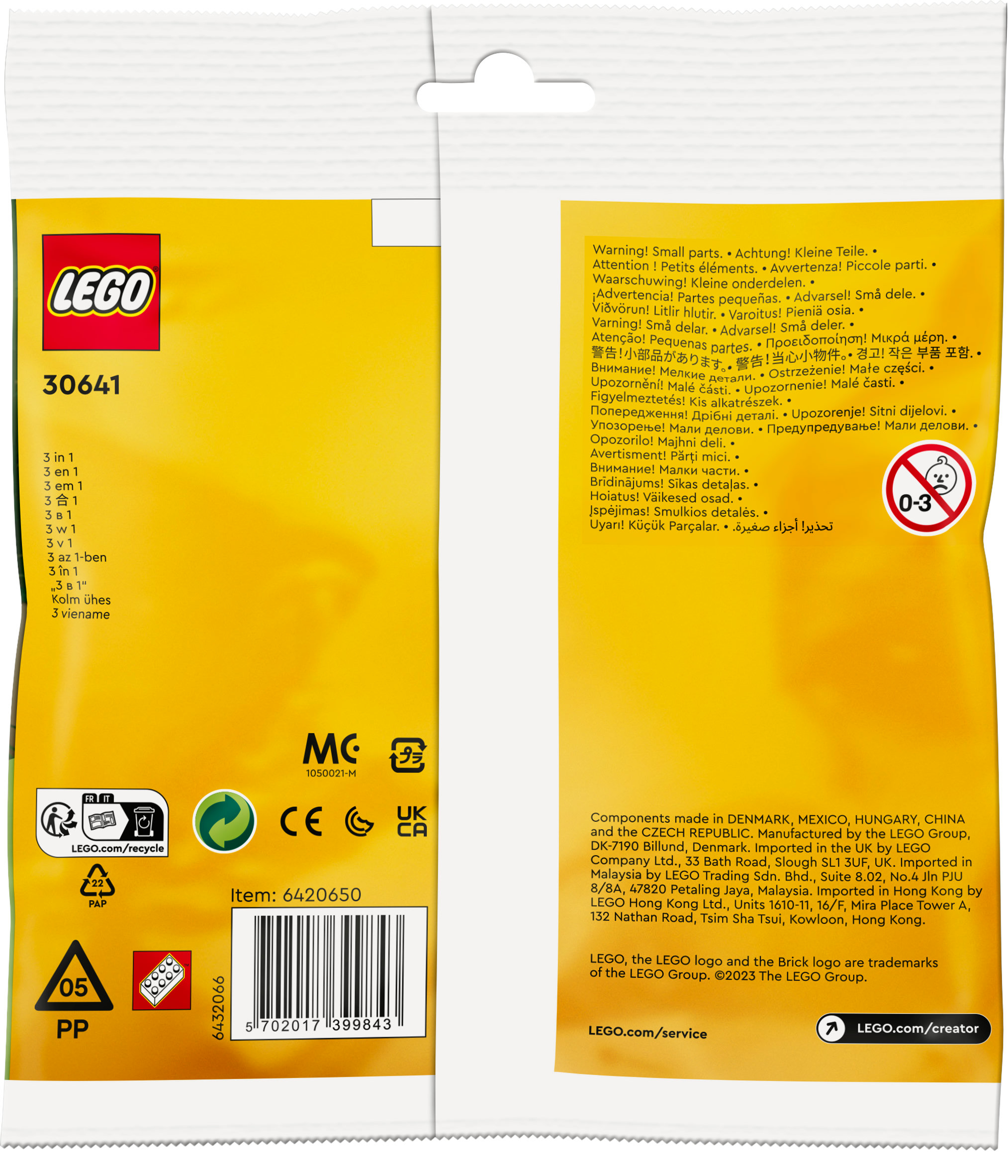 Eine Lego-Set-Verpackung, die Kleinteile enthält und Warnungen in mehreren Sprachen.