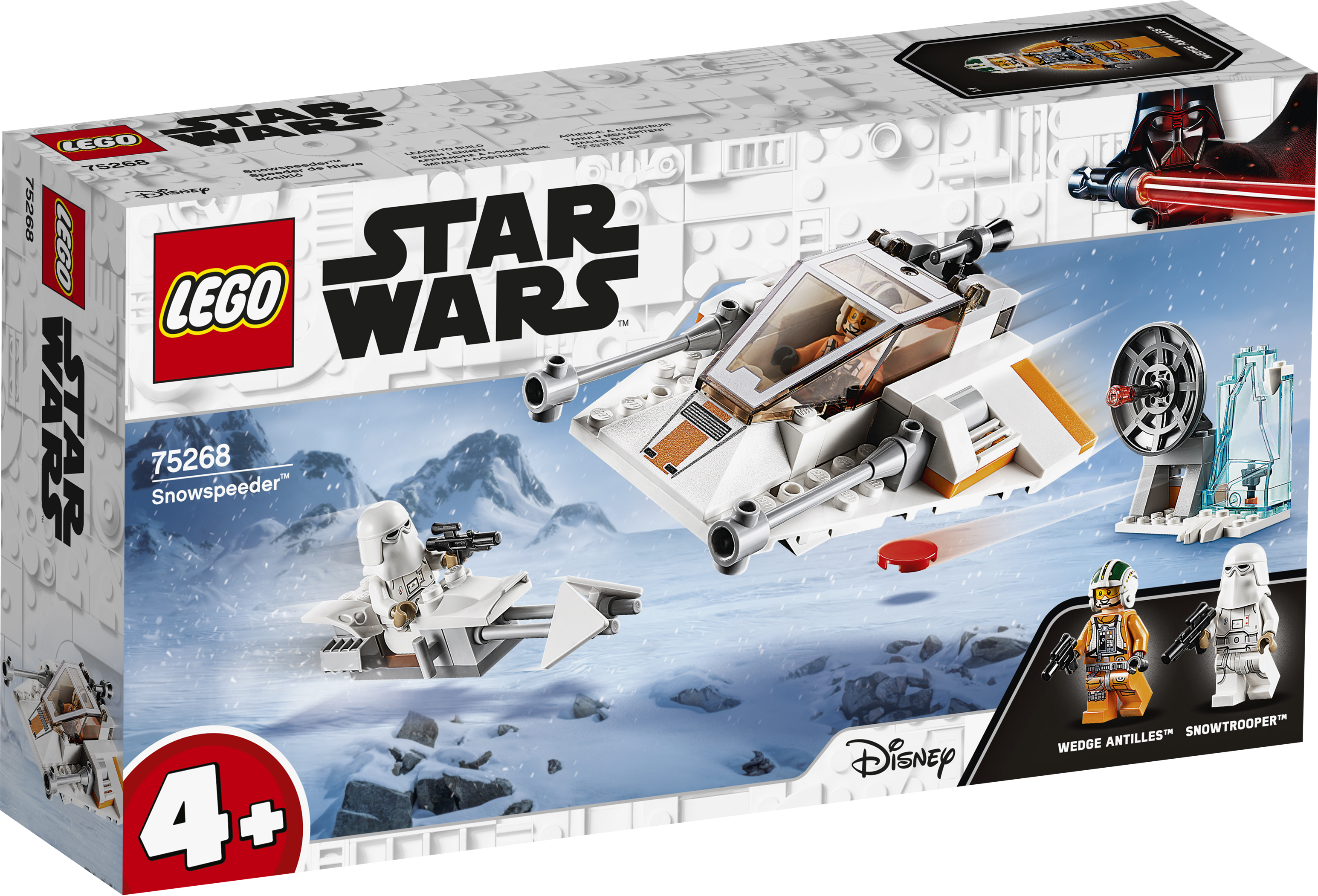 Un set LEGO Star Wars che mostra uno snowspeeder e uno snowtrooper su uno sfondo innevato.
