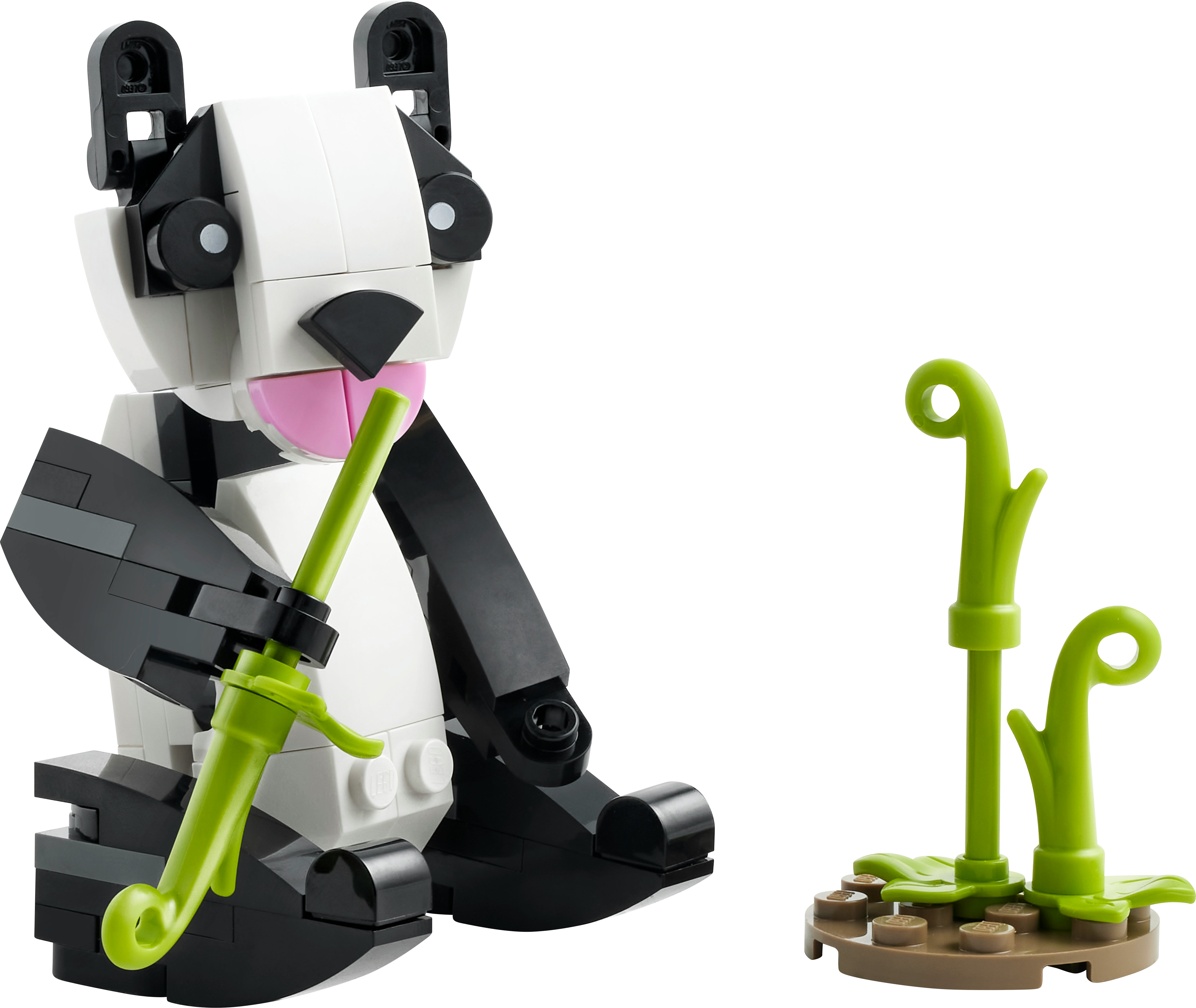 Lego Panda-Figur mit Bambus. Weiße, schwarze und rosa Figur.