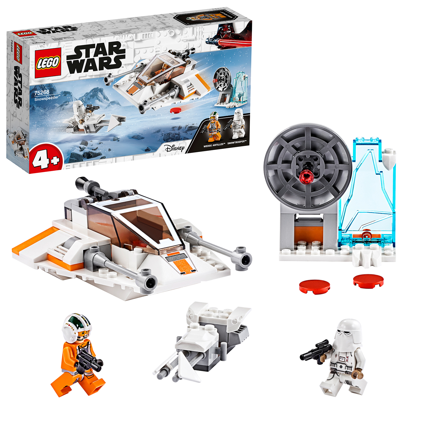Set Lego Star Wars: uno snowspeeder bianco e grigio con figure e uno sfondo di terreno innevato.