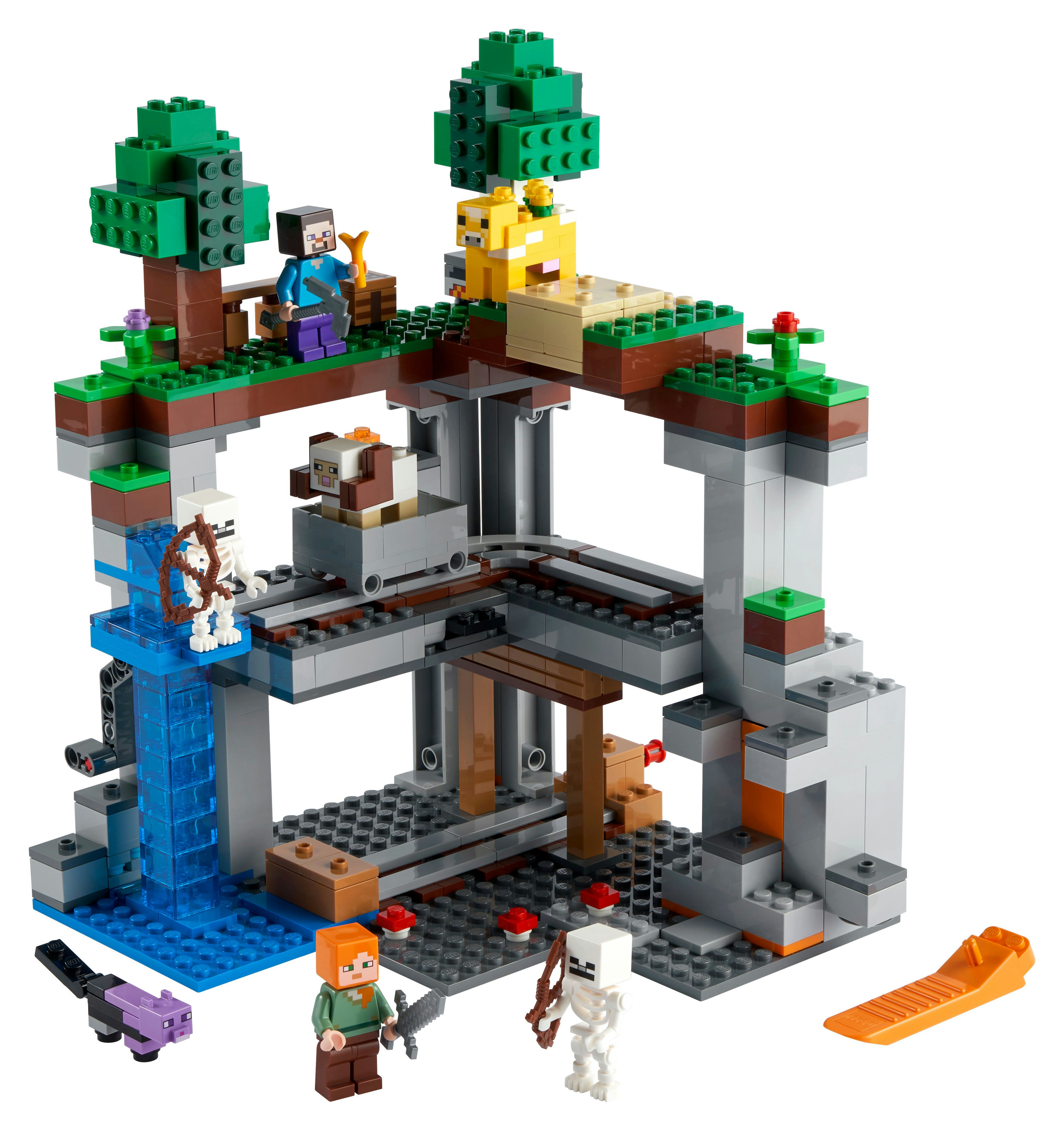 Un set LEGO Minecraft con una struttura mineraria multilivello, personaggi e blocchi.