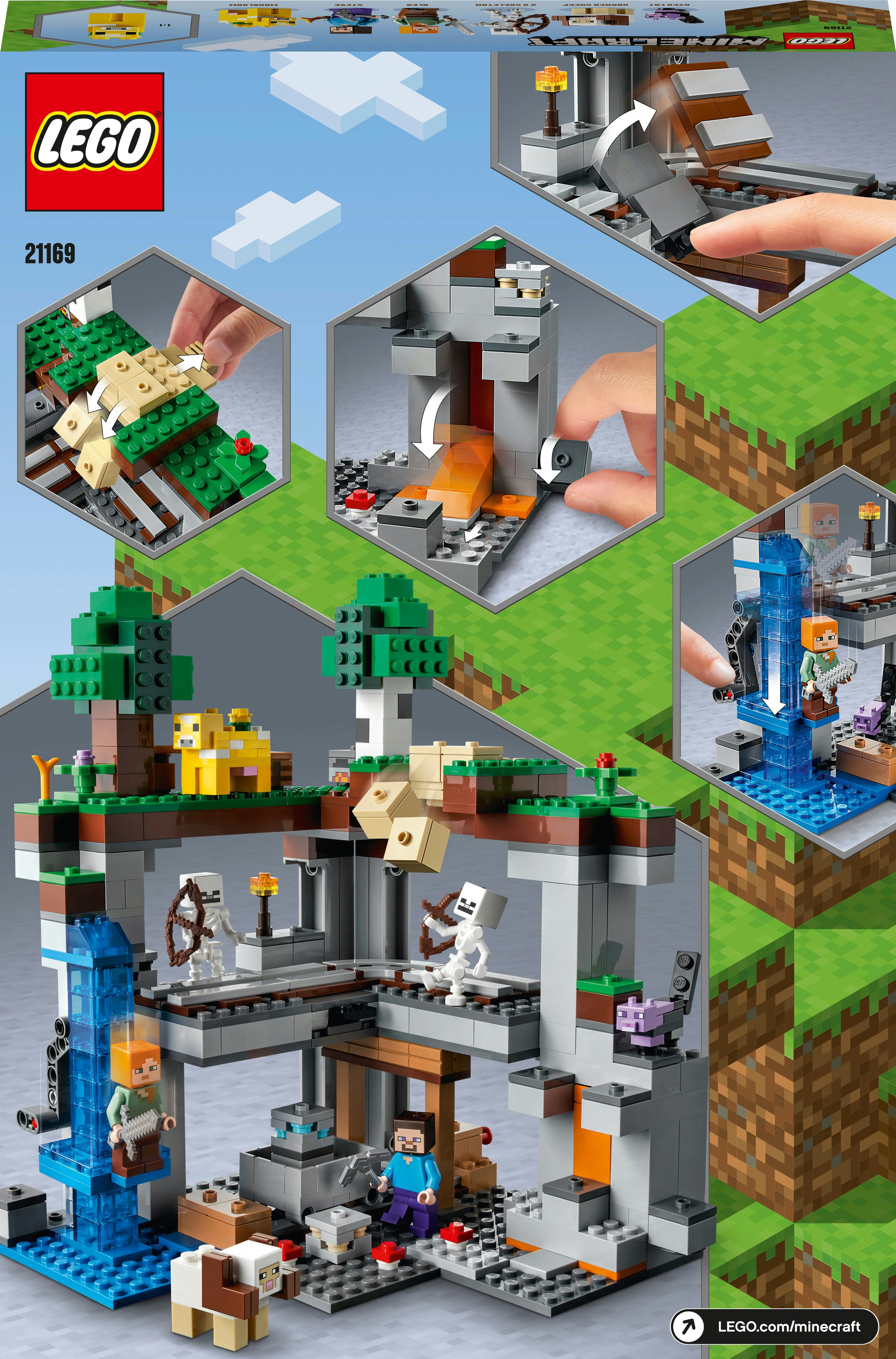 Una scatola del set Lego Minecraft. Presenta più scene e minifigure, mostrando una grotta e un paesaggio dettagliati.