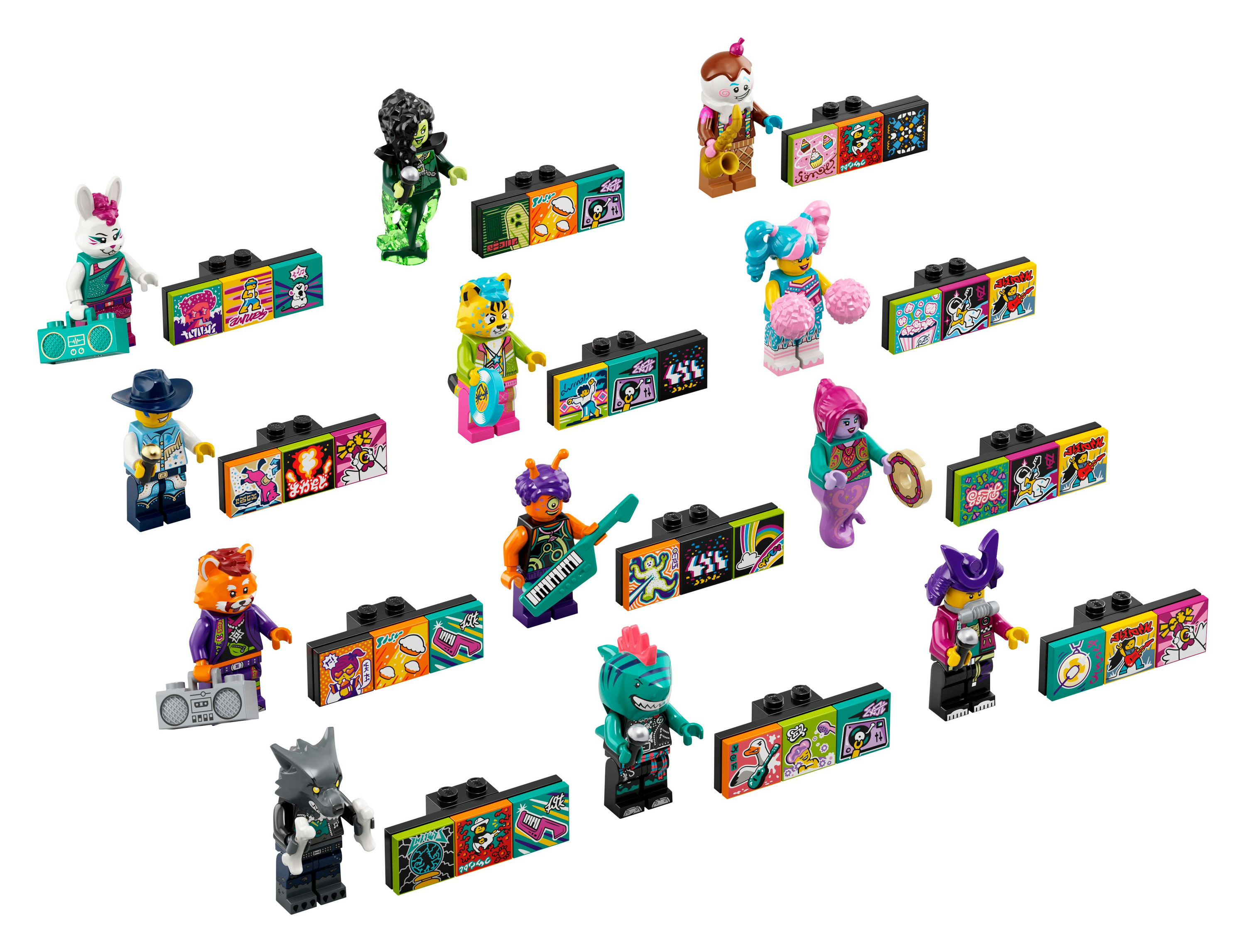 Eine Sammlung von Lego-Minifiguren. Neunzehn einzigartige Figuren mit verschiedenen Farben und Designs, mit weißem Hintergrund.