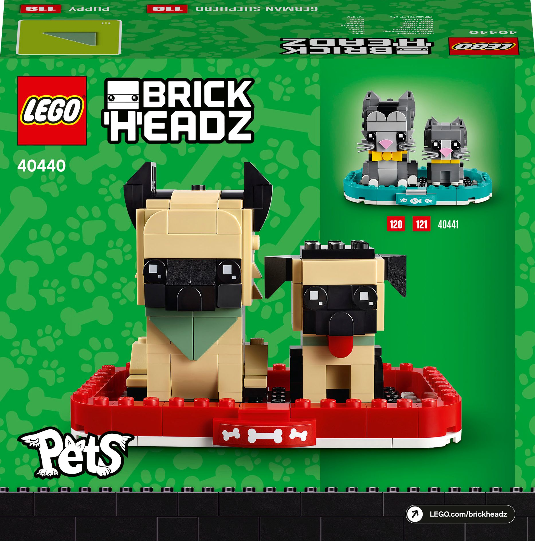 Un set Lego BrickHeadz con due carlini su una base rossa, con un set di gatti in alto a destra.