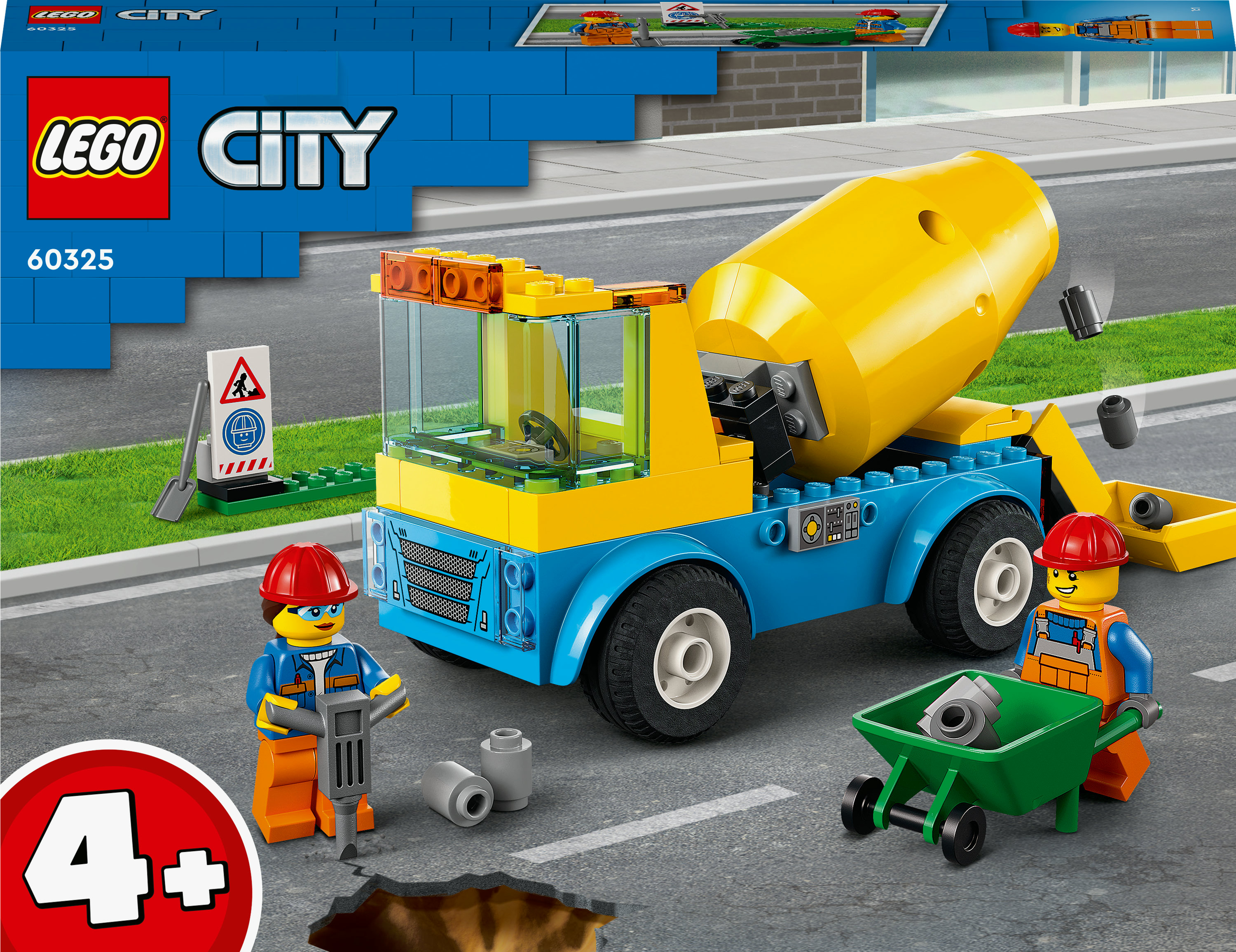 Una caja del set de construcción Lego City muestra un camión de cemento, trabajadores y accesorios en una carretera de la ciudad.