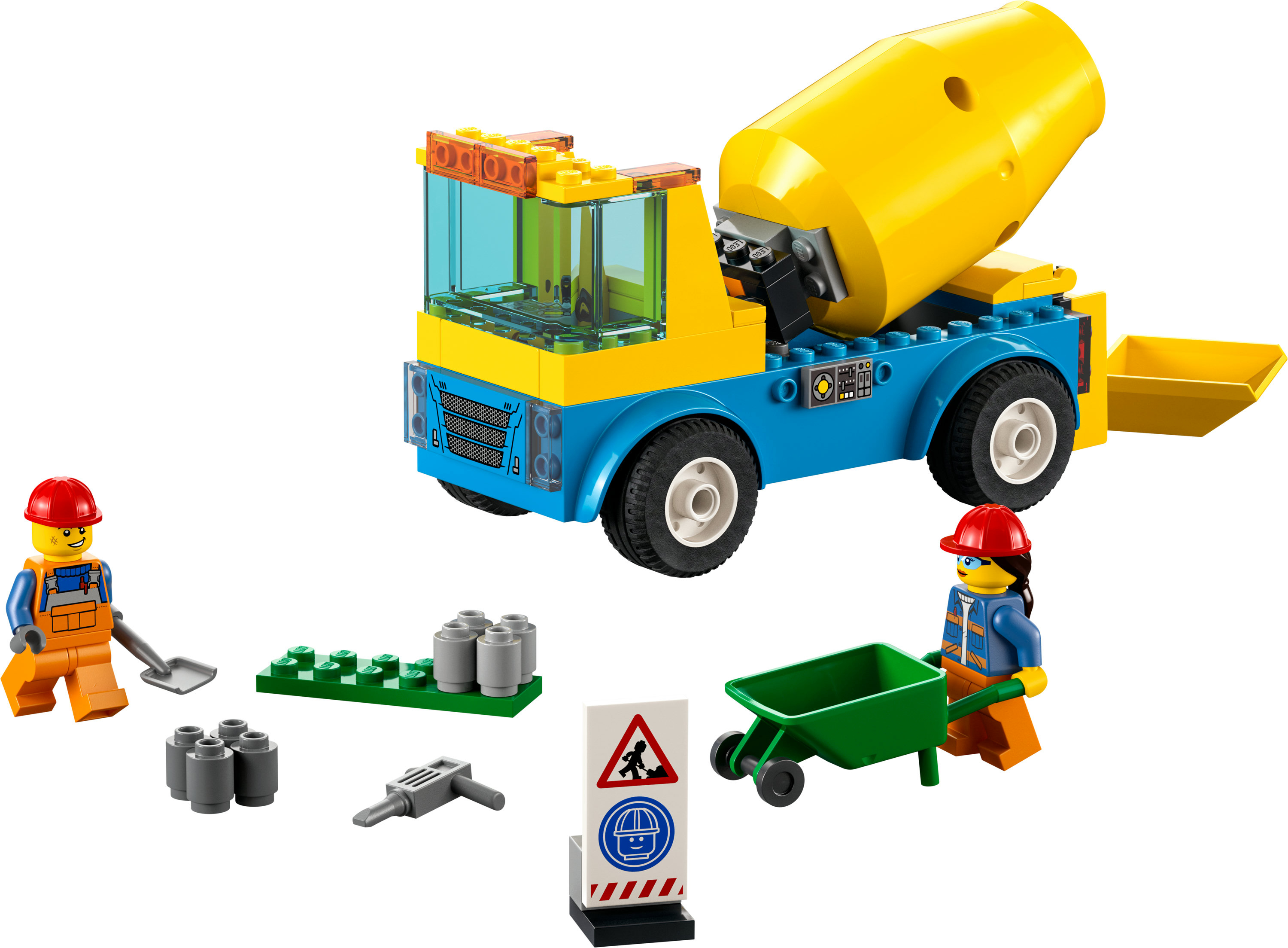 Sitio de construcción Lego con un camión de cemento y trabajadores. Incluye una señal de tráfico y una carretilla.