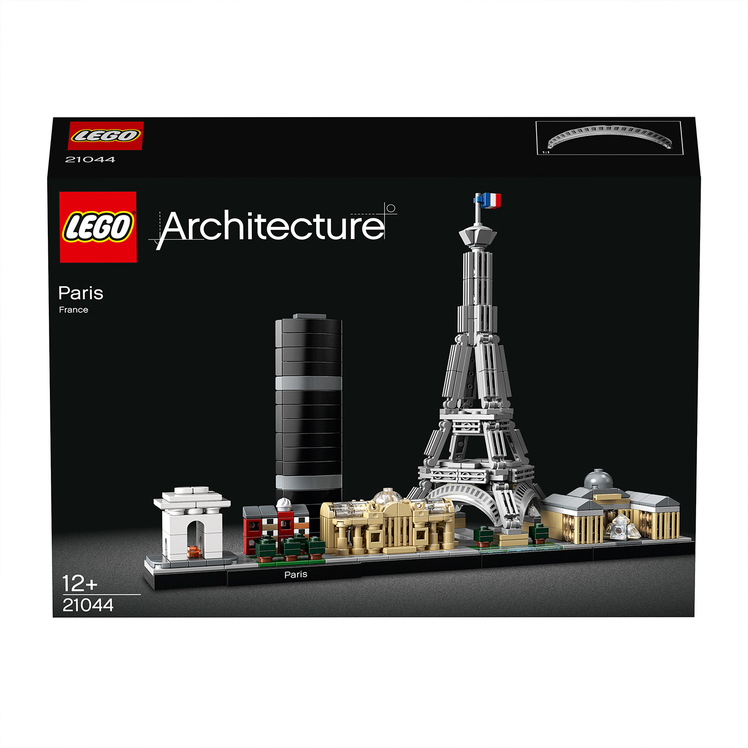 Ein Lego Architecture Set von Paris, Frankreich, mit Eiffelturm und Arc de Triomphe auf schwarzem Hintergrund.