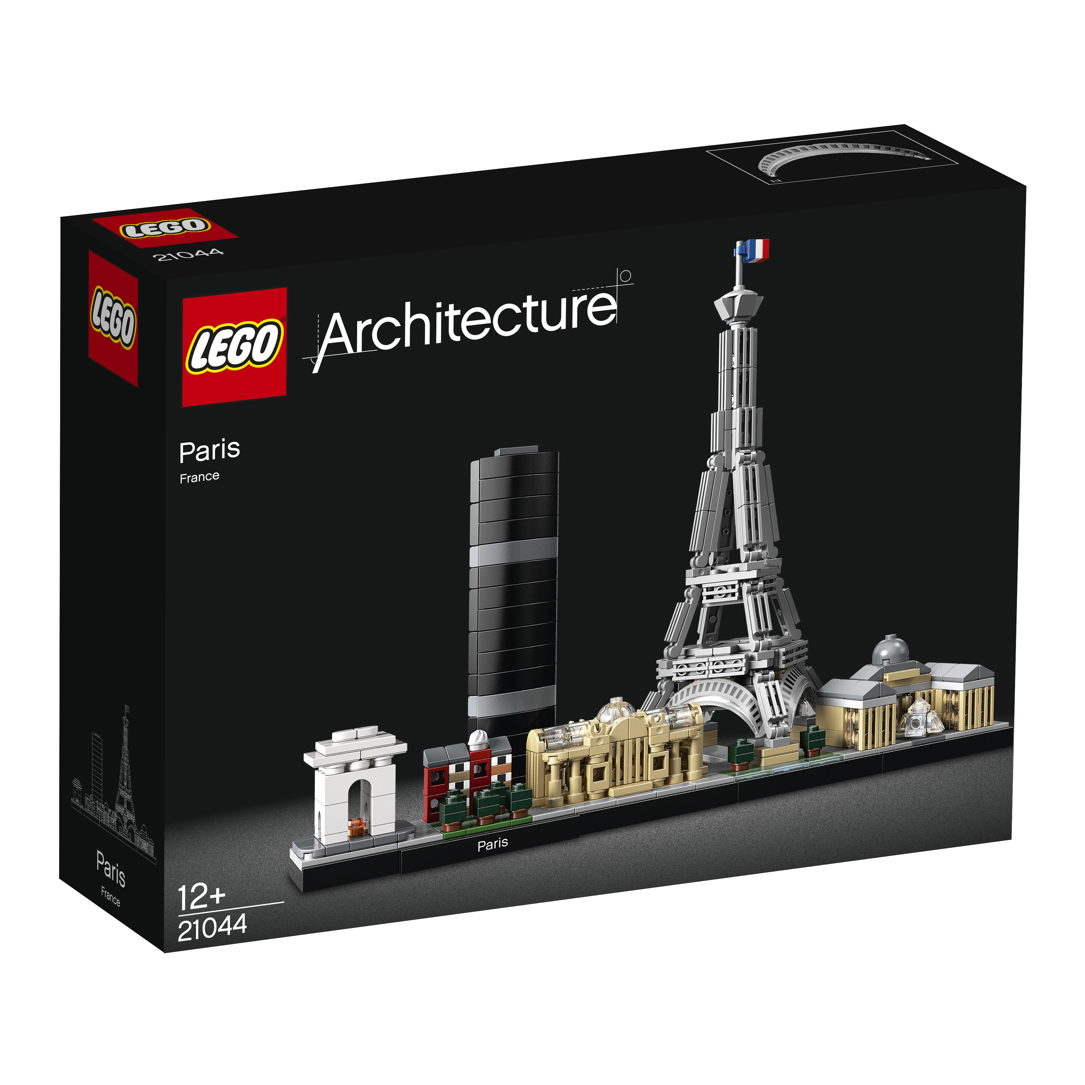LEGO Architecture Set-Box, die Paris zeigt. Der Eiffelturm und andere Wahrzeichen sind abgebildet.