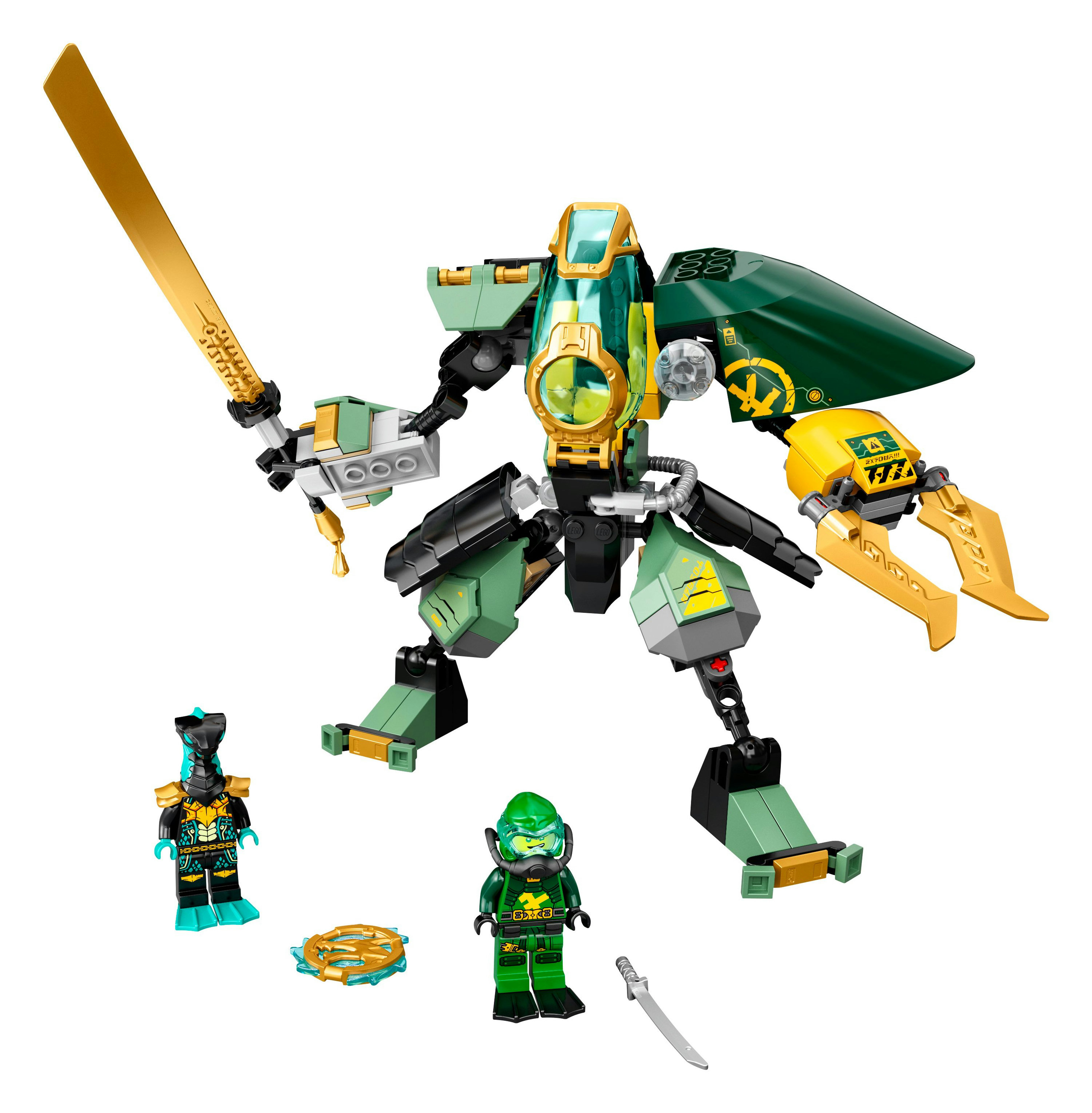 Lego Ninjago Mech-Roboter mit Minifiguren. Grün, Schwarz und Gold. Enthält Waffen und Figuren.