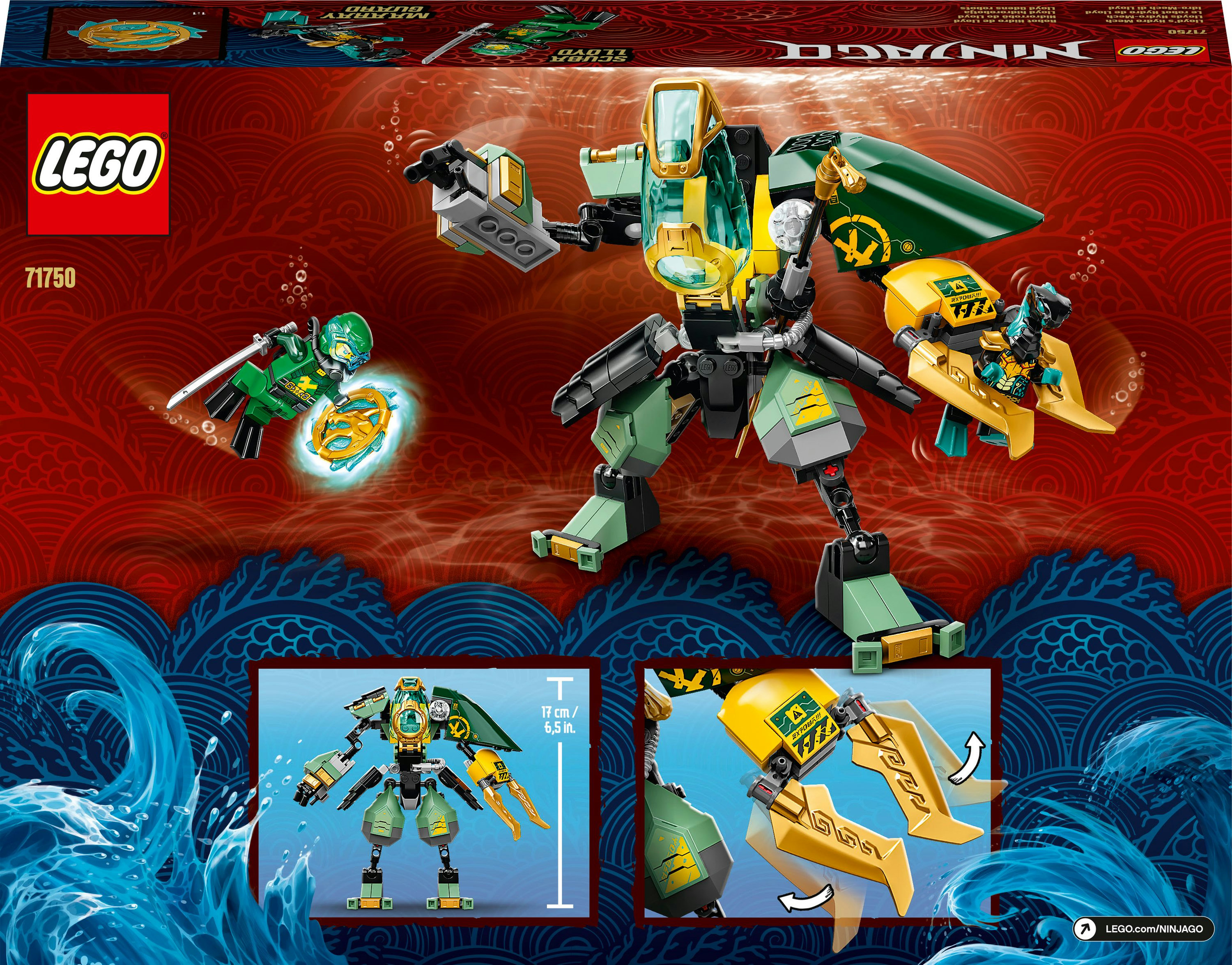 Lego Ninjago Set-Box-Rückseite. Enthält einen Mech, einen Ninja mit Schwert und andere Lego-Figuren.