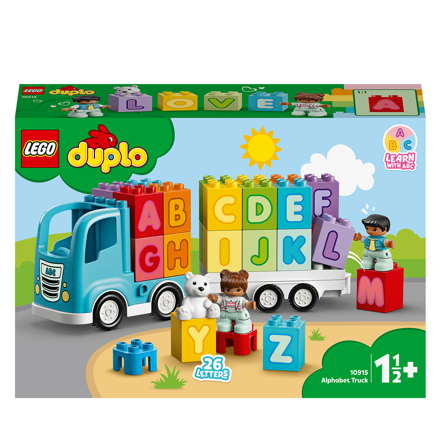 Lego Duplo Alphabet Truck Set. Es enthält einen Truck, Lego-Figuren und Alphabetblöcke.