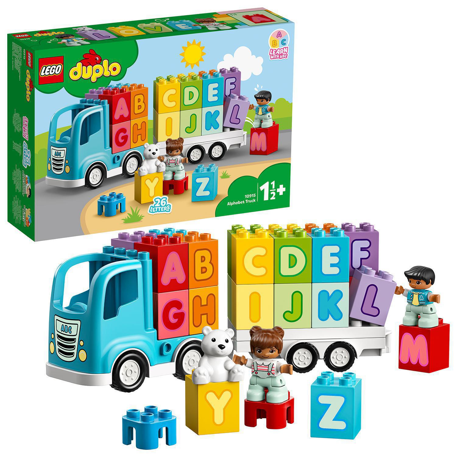 LEGO Duplo Alphabet Truck Set. Blauer LKW mit Buchstabenblöcken, Figuren eines Bären und eines Jungen.