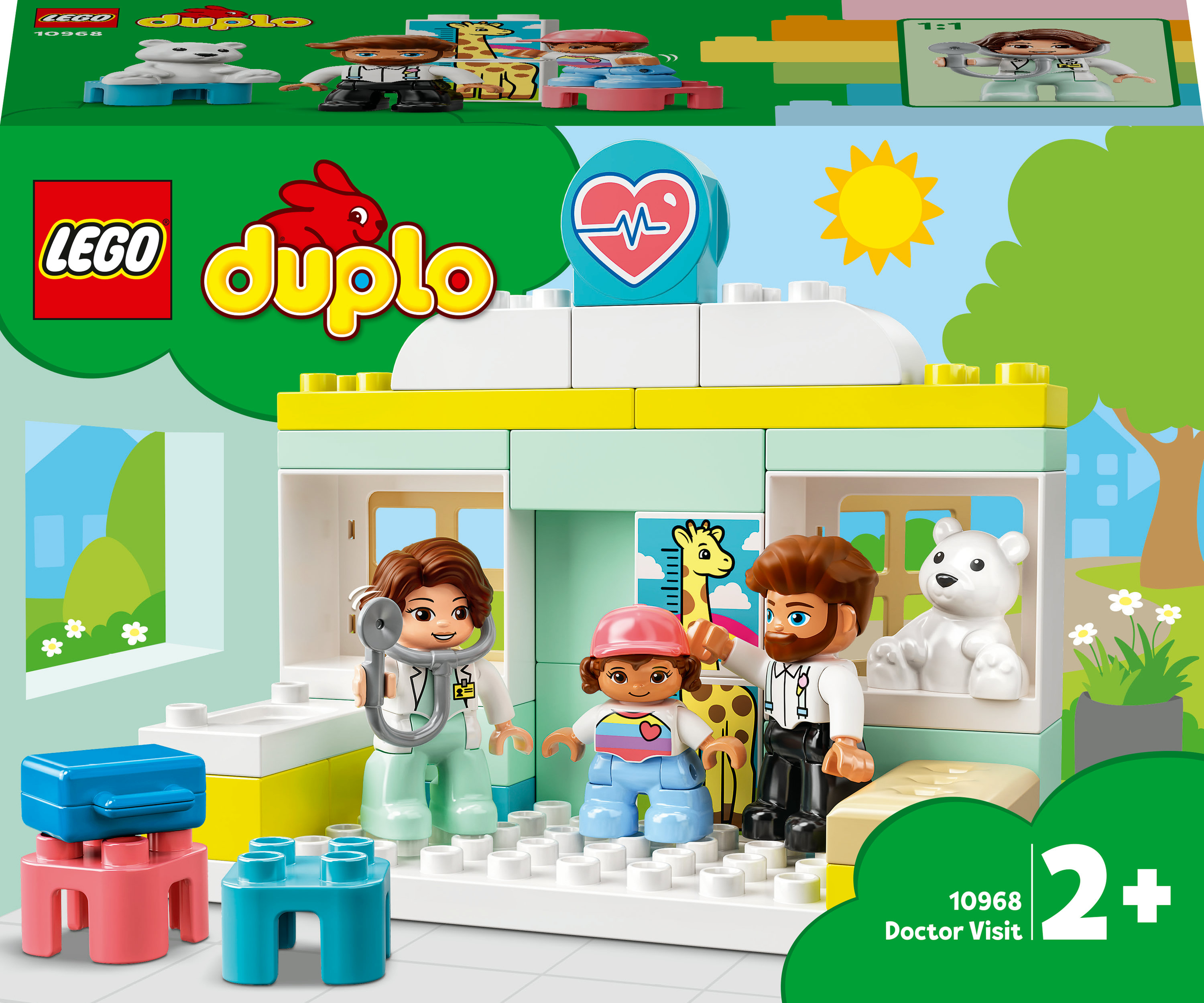 Ein Lego Duplo Arztbesuch-Spielset mit Figuren eines Arztes, Patienten und Bären. Die Sonne scheint.