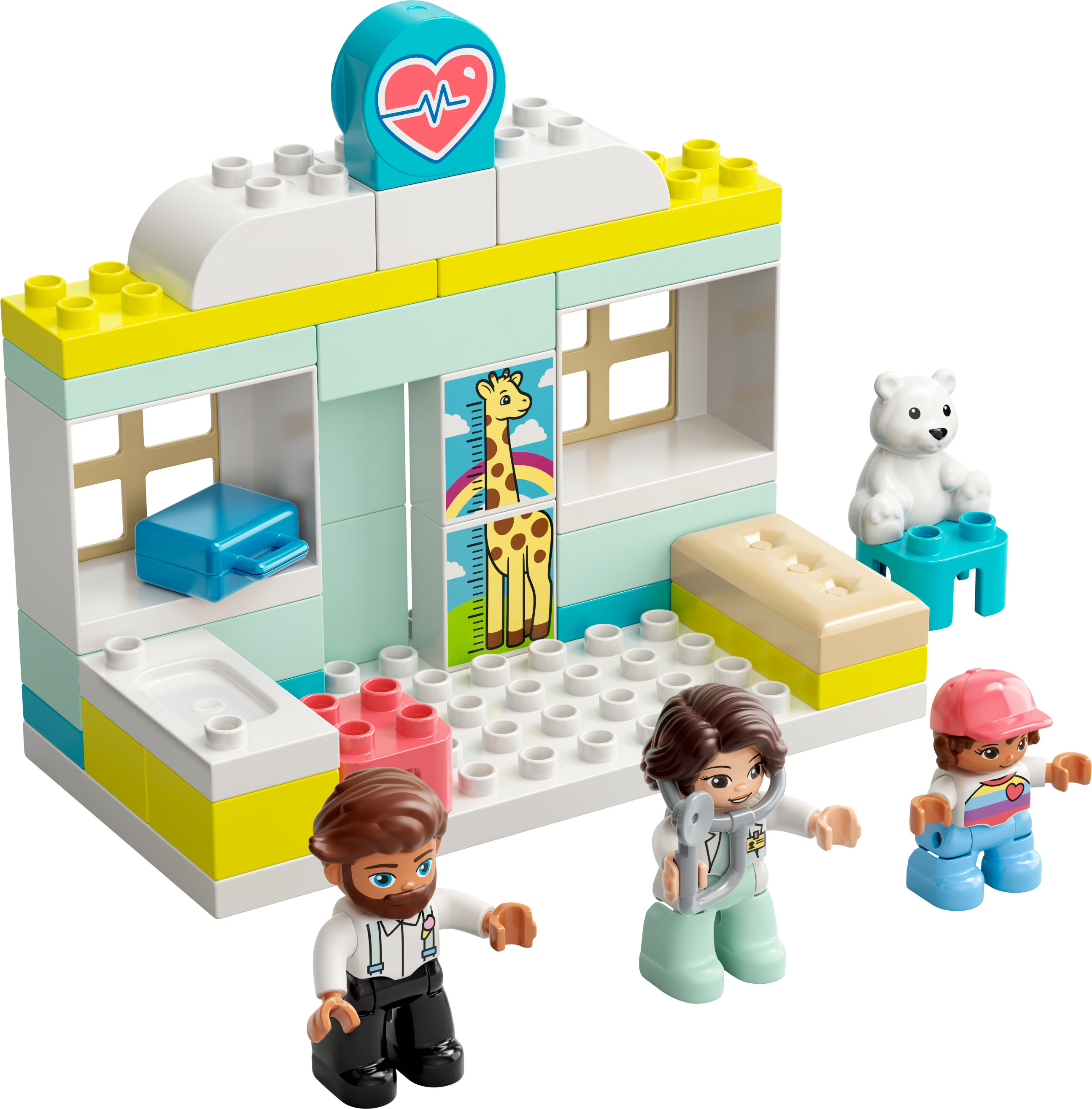 Ein Lego Duplo Set mit einem Arztzimmer, Figuren und medizinischer Ausrüstung.