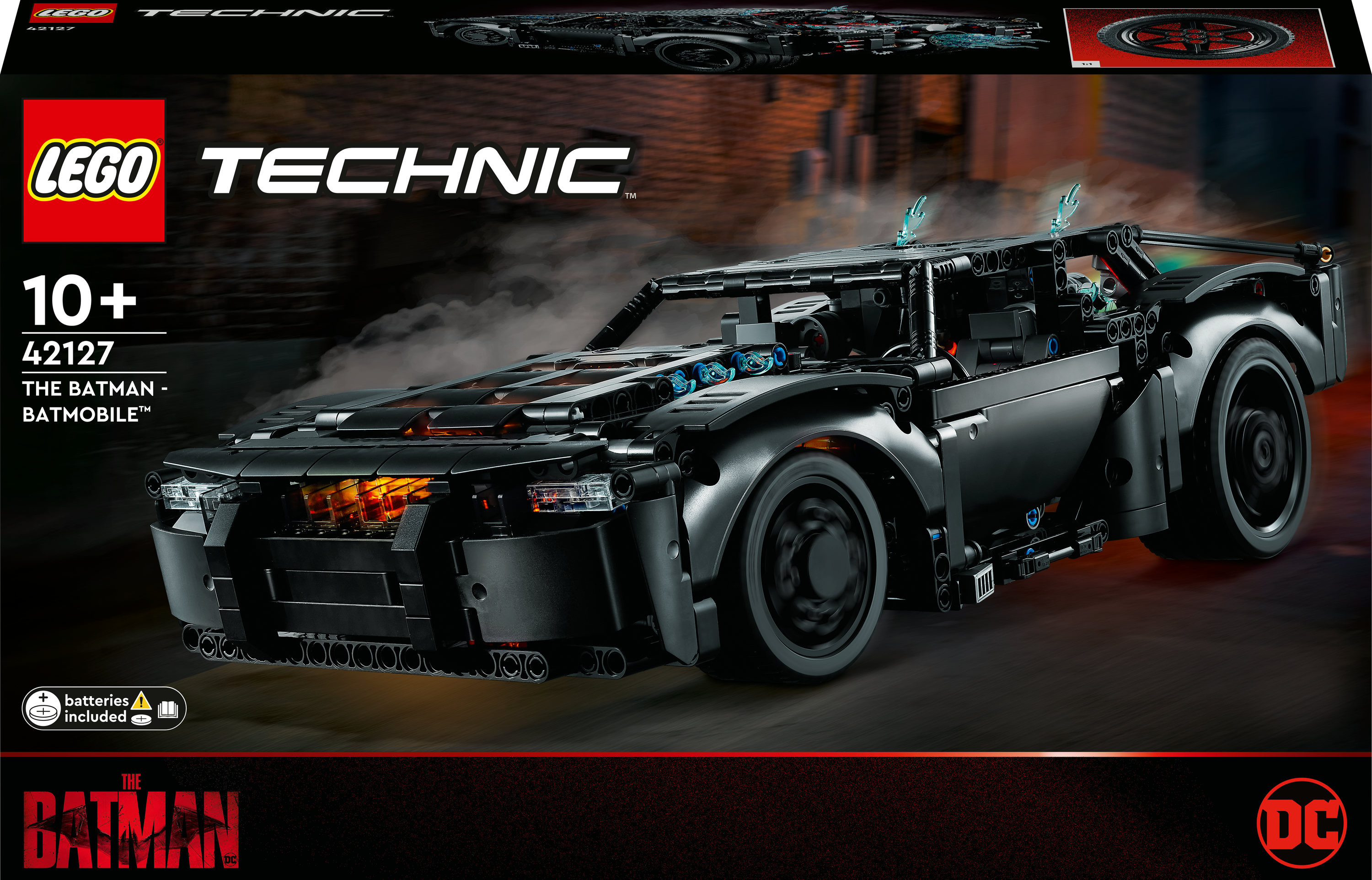 Pudełko Lego Technic Batman Batmobile, czarne i szare, ze zdjęciem Batmobile.