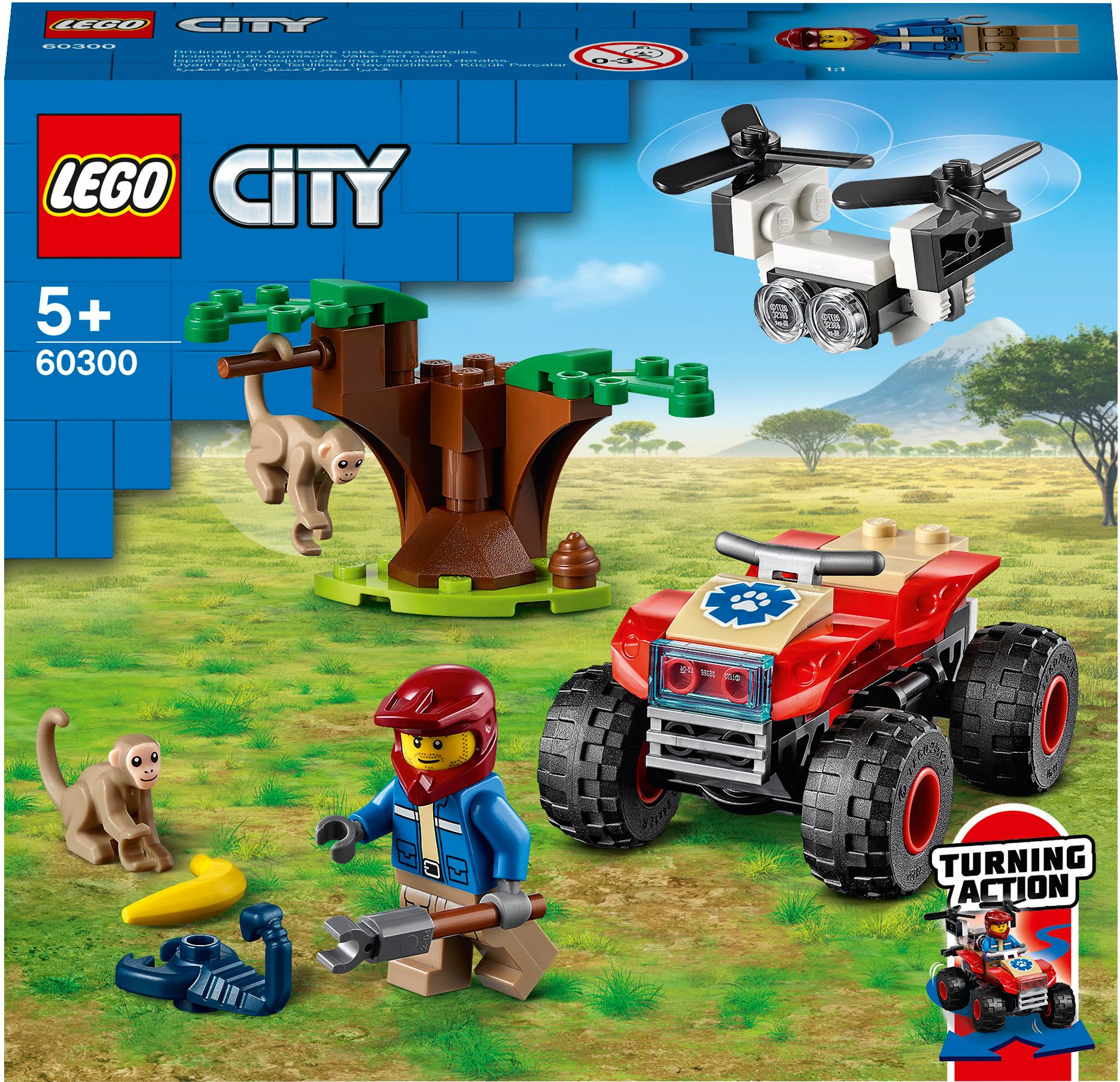 Ein LEGO City Set mit Auto, Affe, Hubschrauber und Minifiguren. Ein Abenteuer.