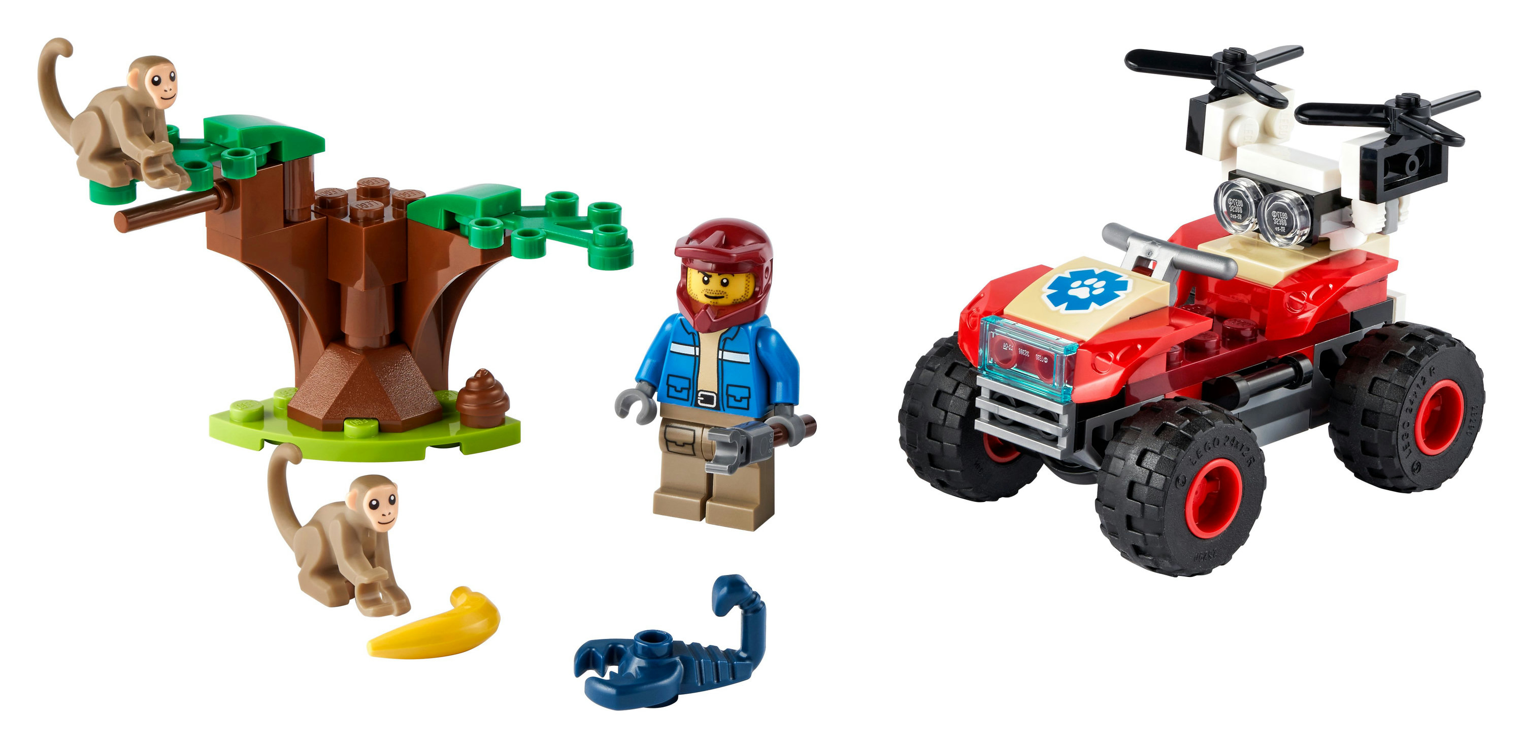Lego City Set mit Affen, Baum, Quad und Minifigur.