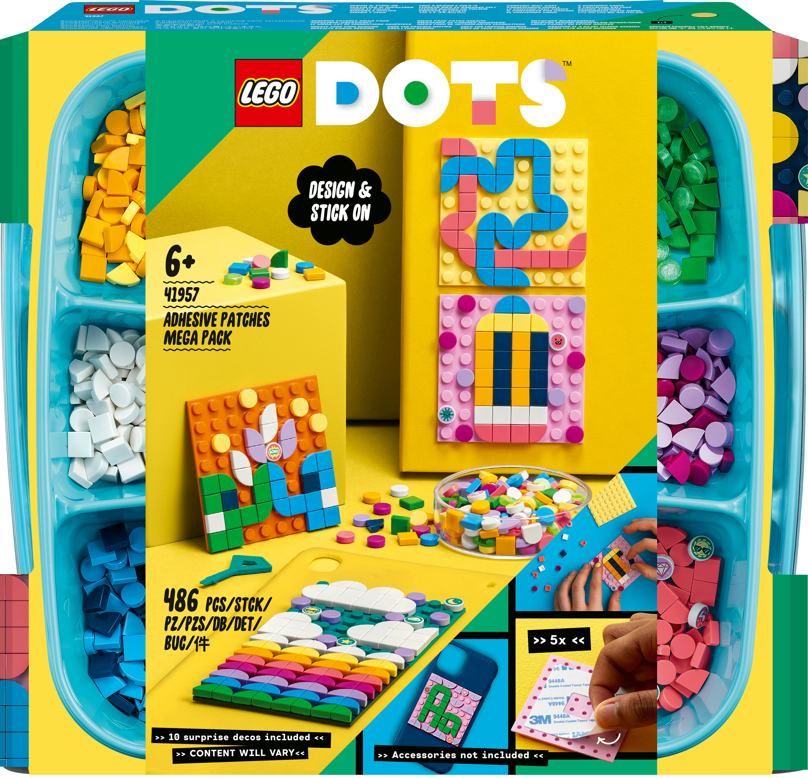 LEGO DOTS Adhesive Patches Mega Pack Set. Aufnäher und bunte Fliesen, mit einem Design auf einem Telefon.
