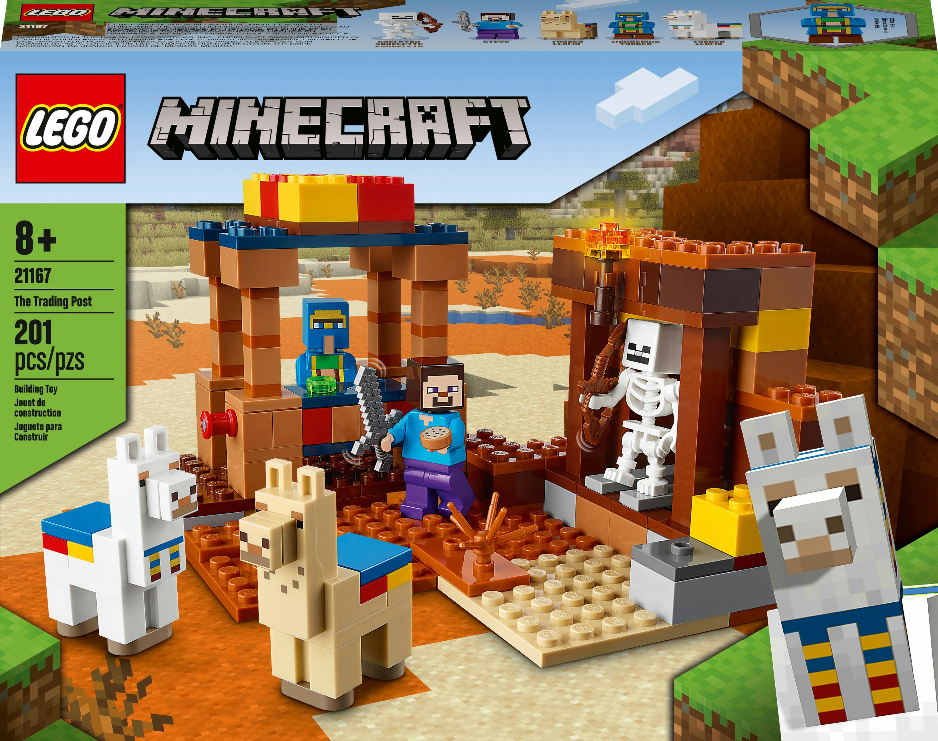 Lego Minecraft seti: Ticaret Merkezi, Steve, bir iskelet, lamalar ve bir bina ile.