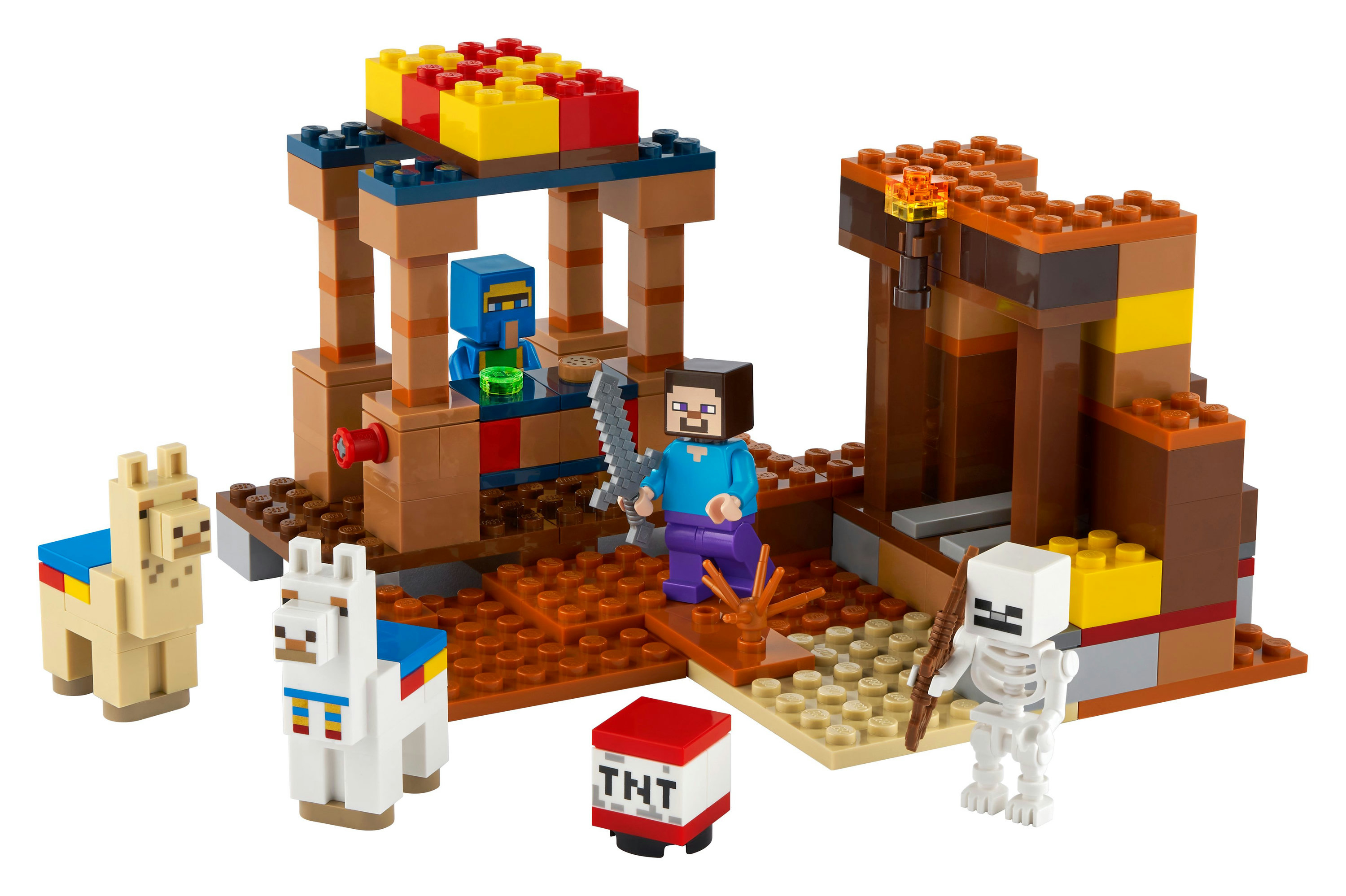 Lego Minecraft seti. Steve, lamalar ve bir iskelet içerir. Bir binanın sahnesi.