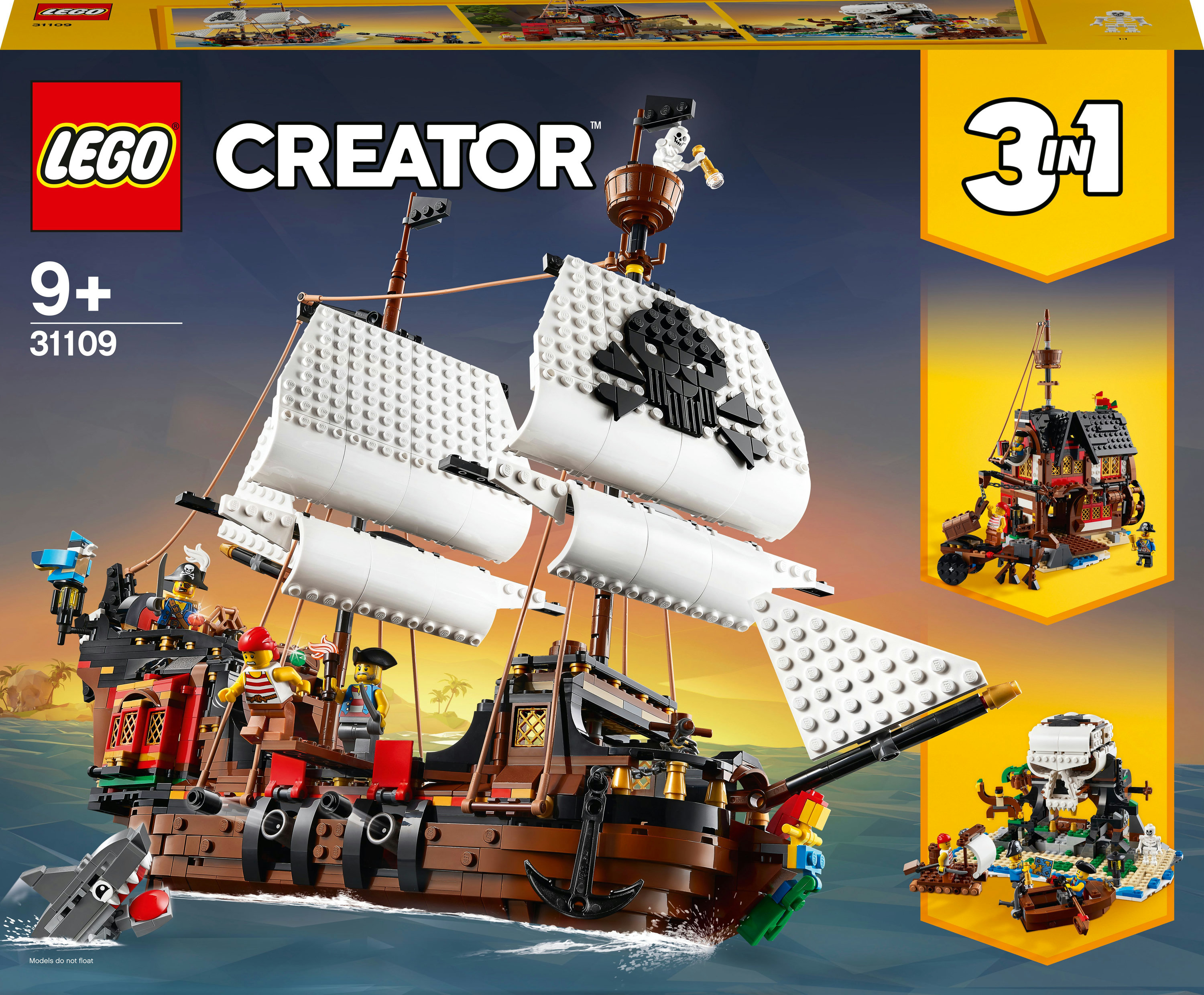 Pudełko zestawu Lego Creator z pirackim statkiem z modelem i opcjami 3 w 1.