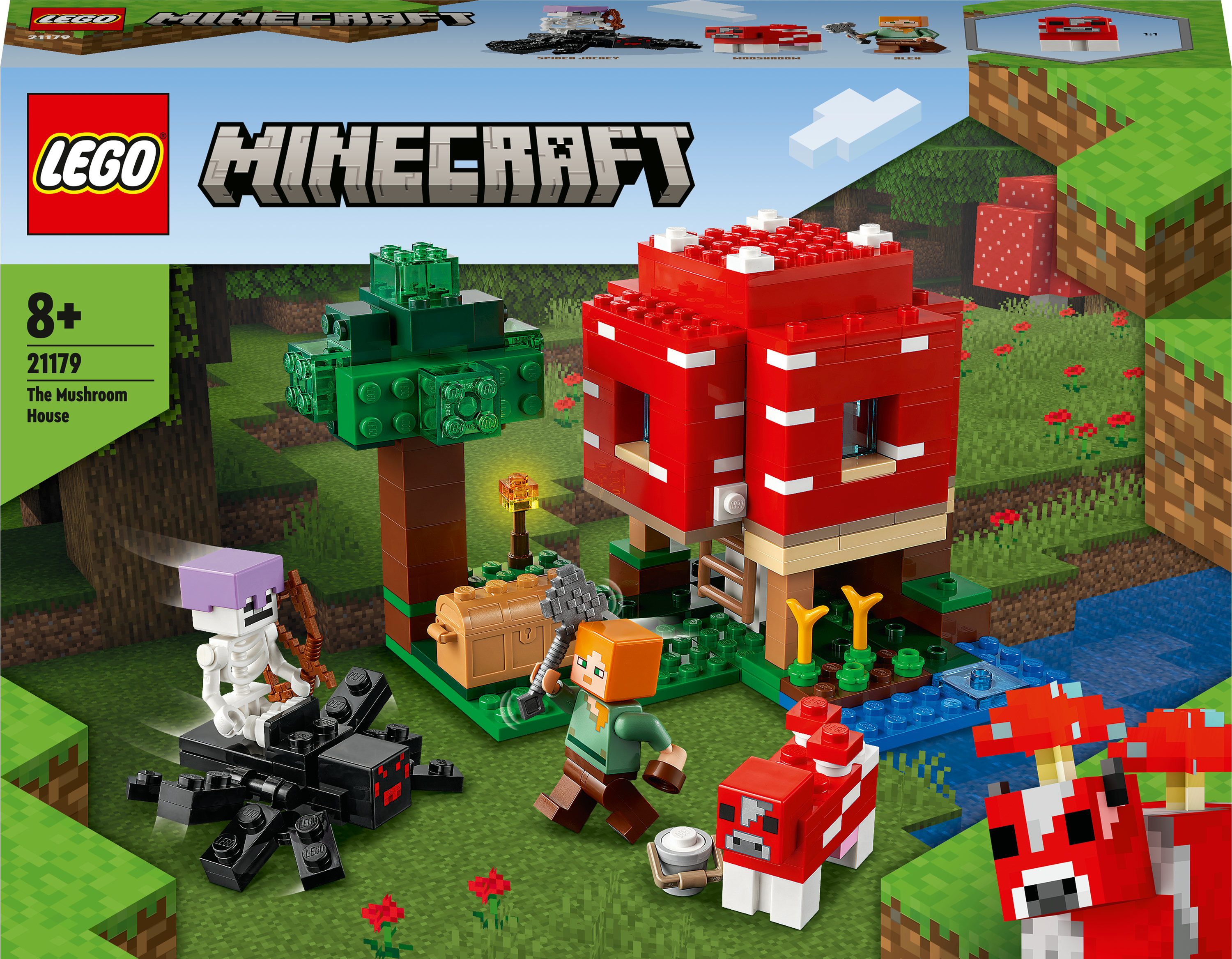 Minecraft LEGO seti. Orman sahnesinde mantar ev, Alex, bir iskelet ve bir örümcekle.