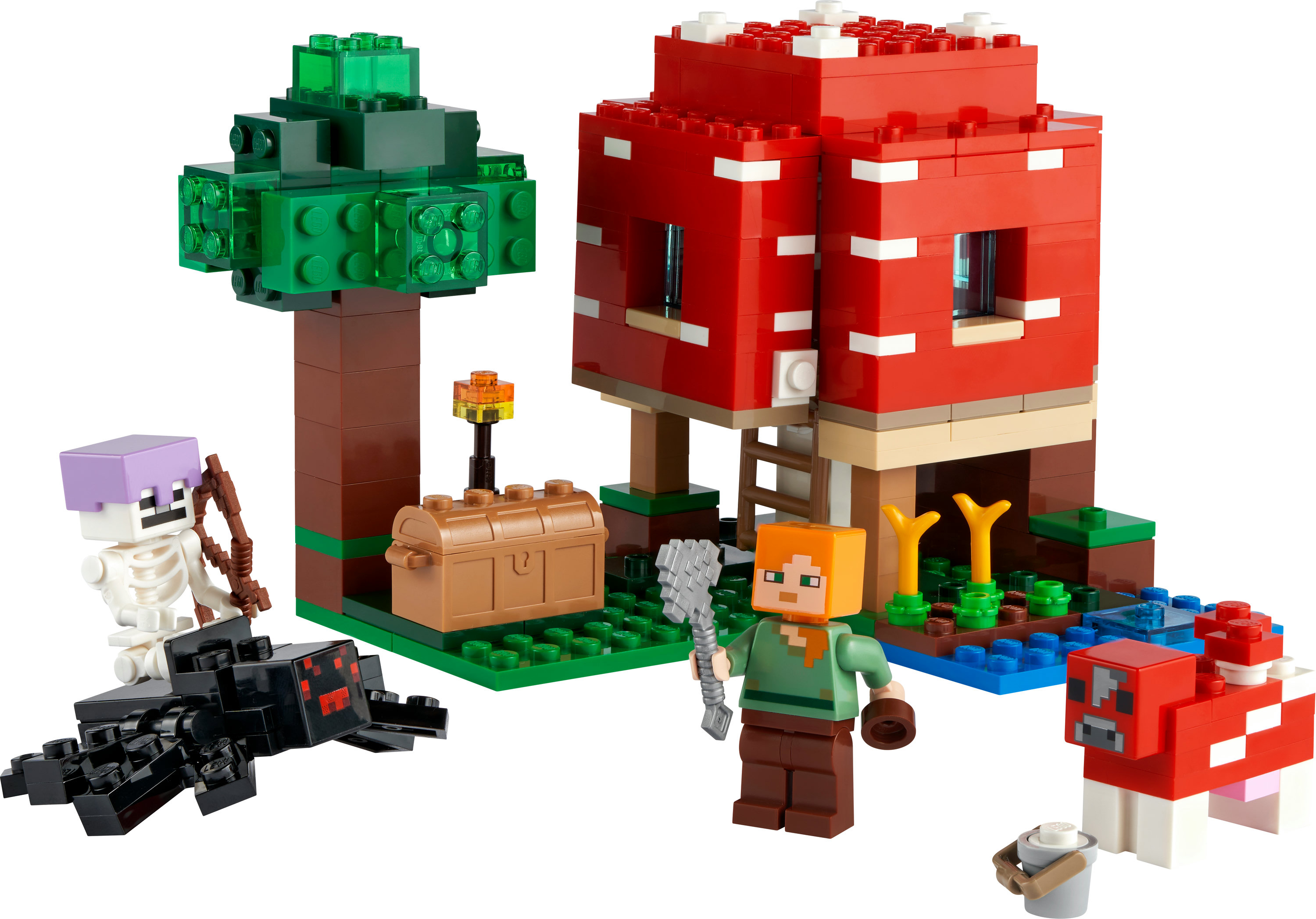 Bir mantar evi, bir iskelet, bir örümcek, bir inek ve bir Alex figürü ile Lego Minecraft seti.