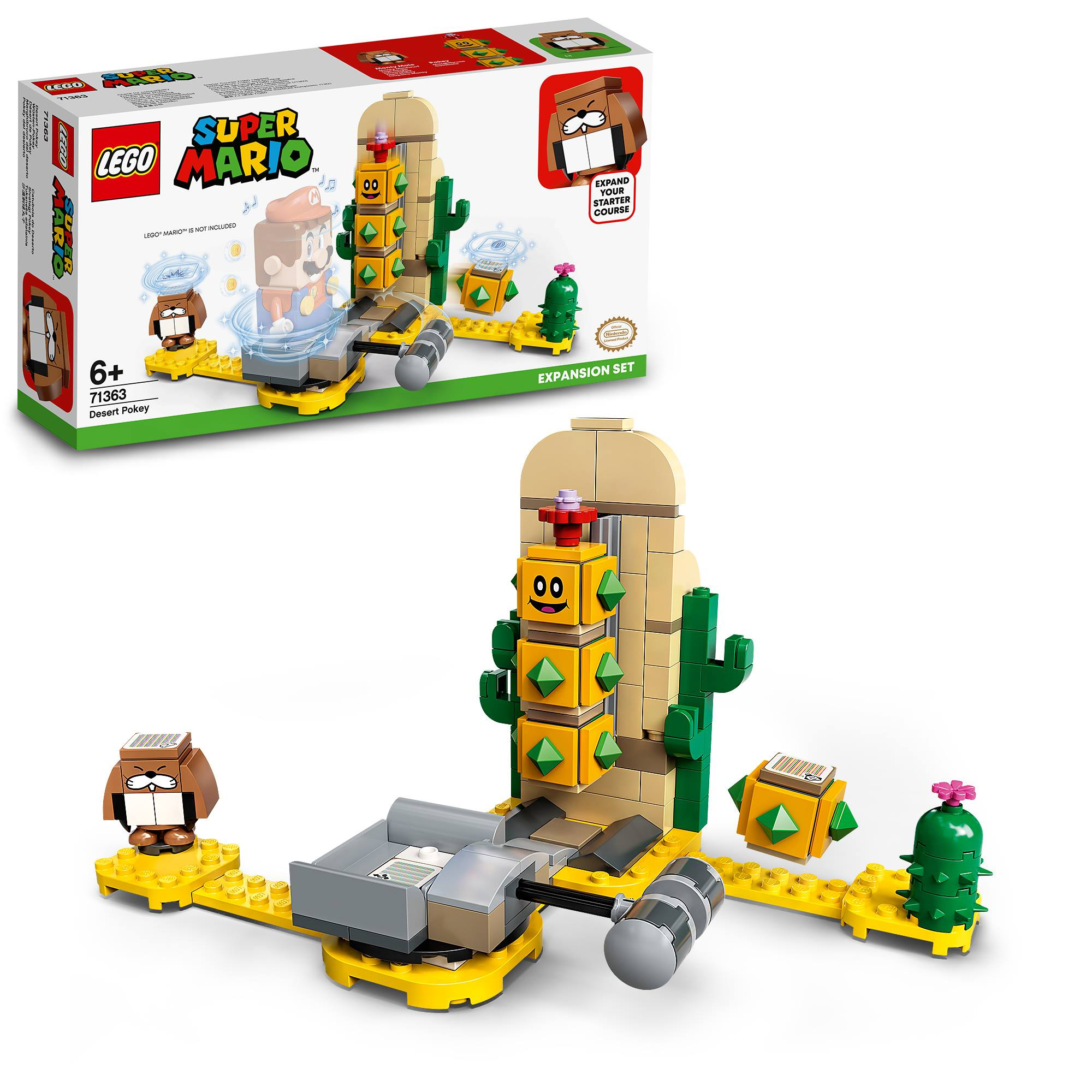LEGO Super Mario Desert Pocky set con la scatola e il modello assemblato di un livello.