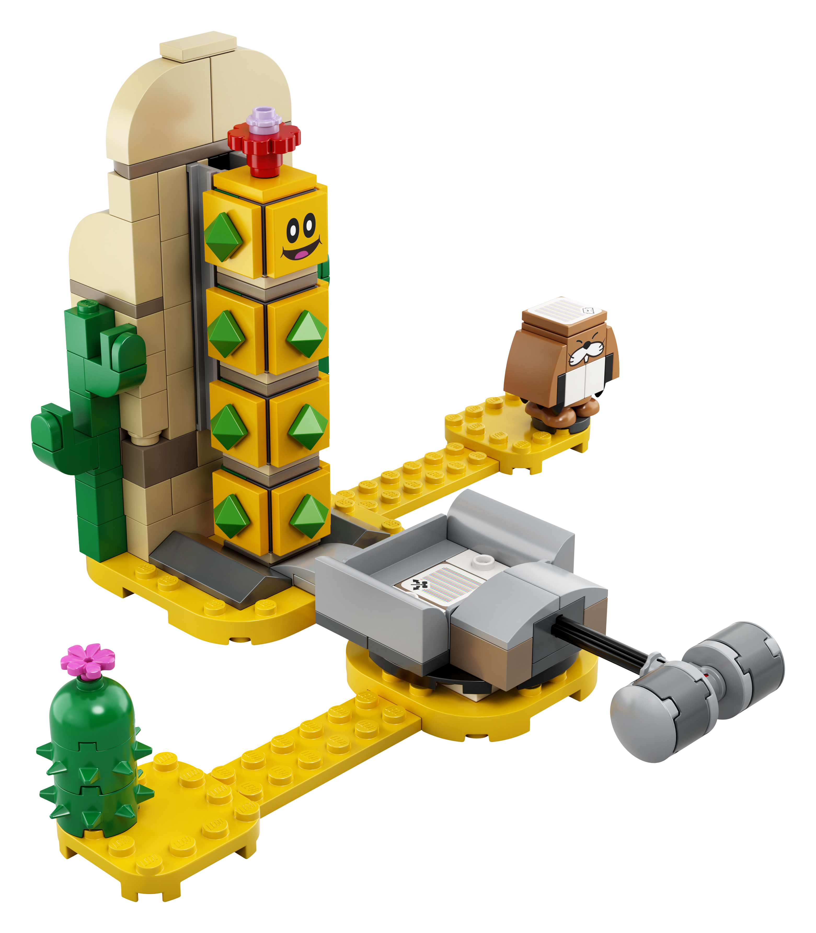 Set LEGO Super Mario con un blocco, un cactus e un personaggio. Il set è su una base gialla.