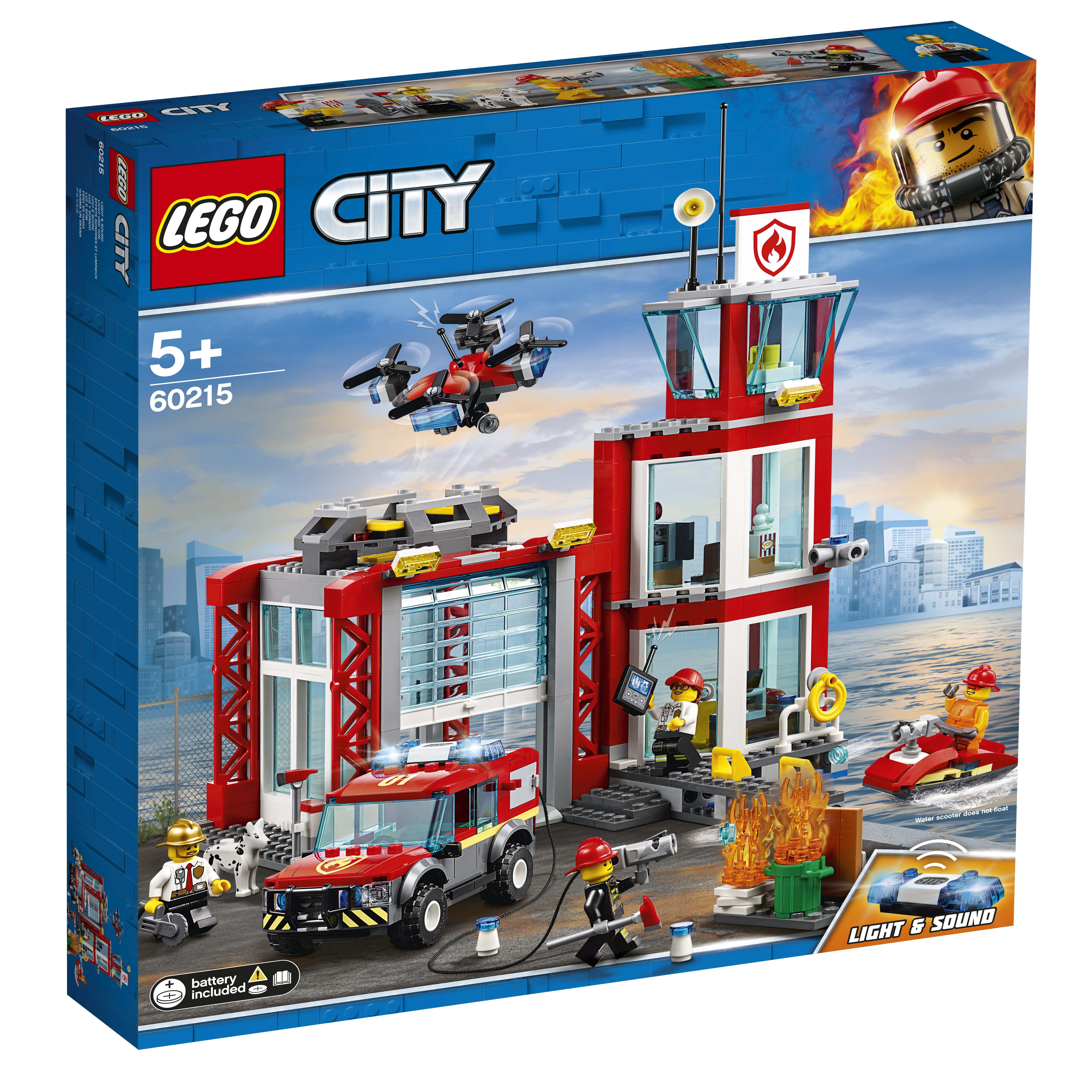 LEGO City Setbox, eine Feuerwache mit einem Truck, Hubschrauber, Feuerwehrleuten und einer brennenden Szene.