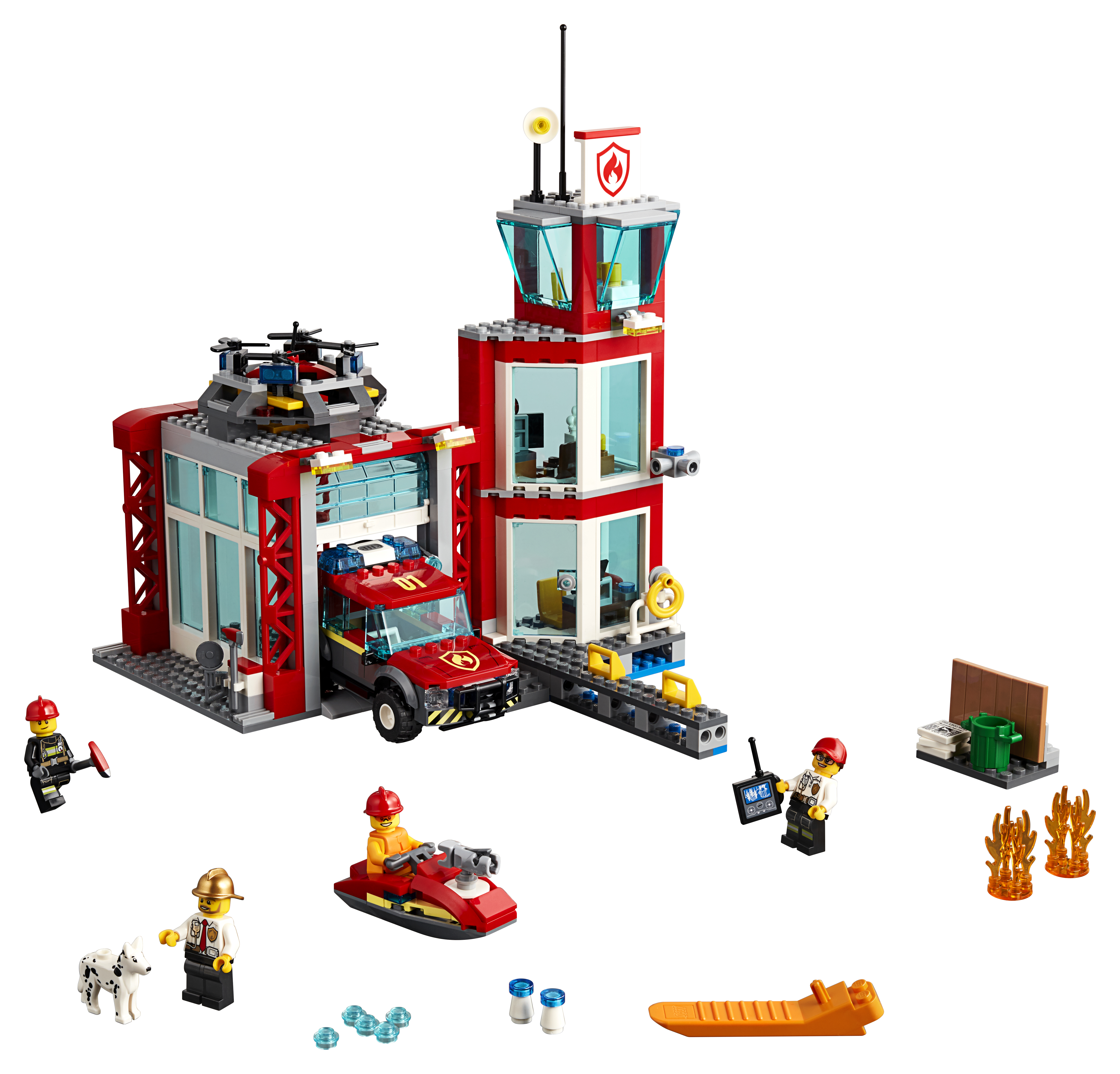 Lego City Feuerwache mit Feuerwehrauto, Hubschrauber und mehreren Minifiguren und Zubehör.