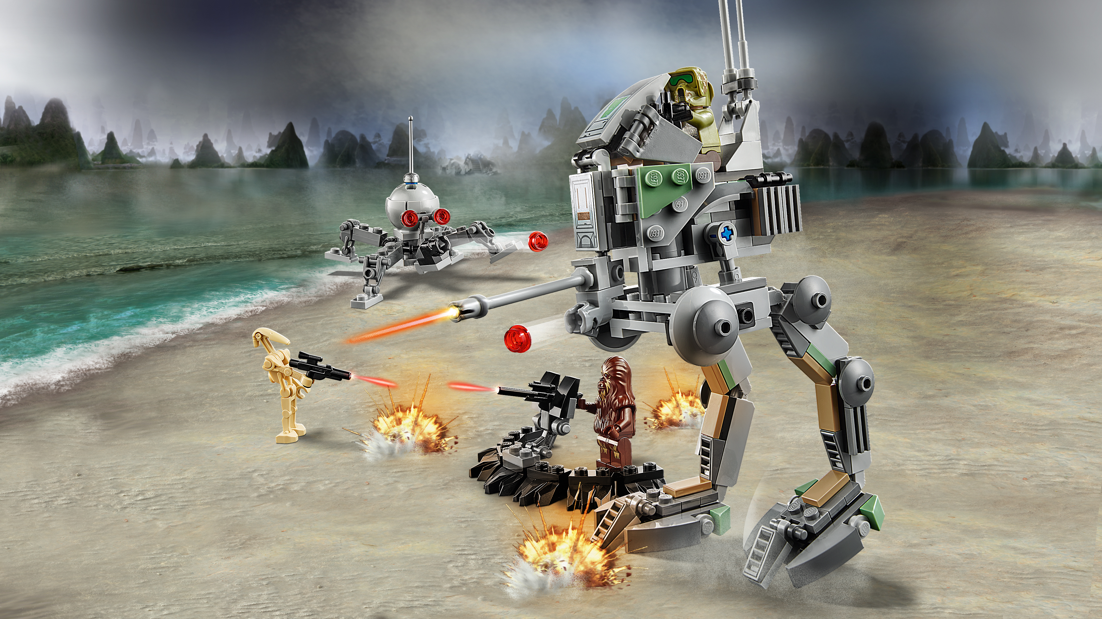 LEGO Star Wars set. Battle scene with a walker, AT-RT, and Clone Troopers on a beach.