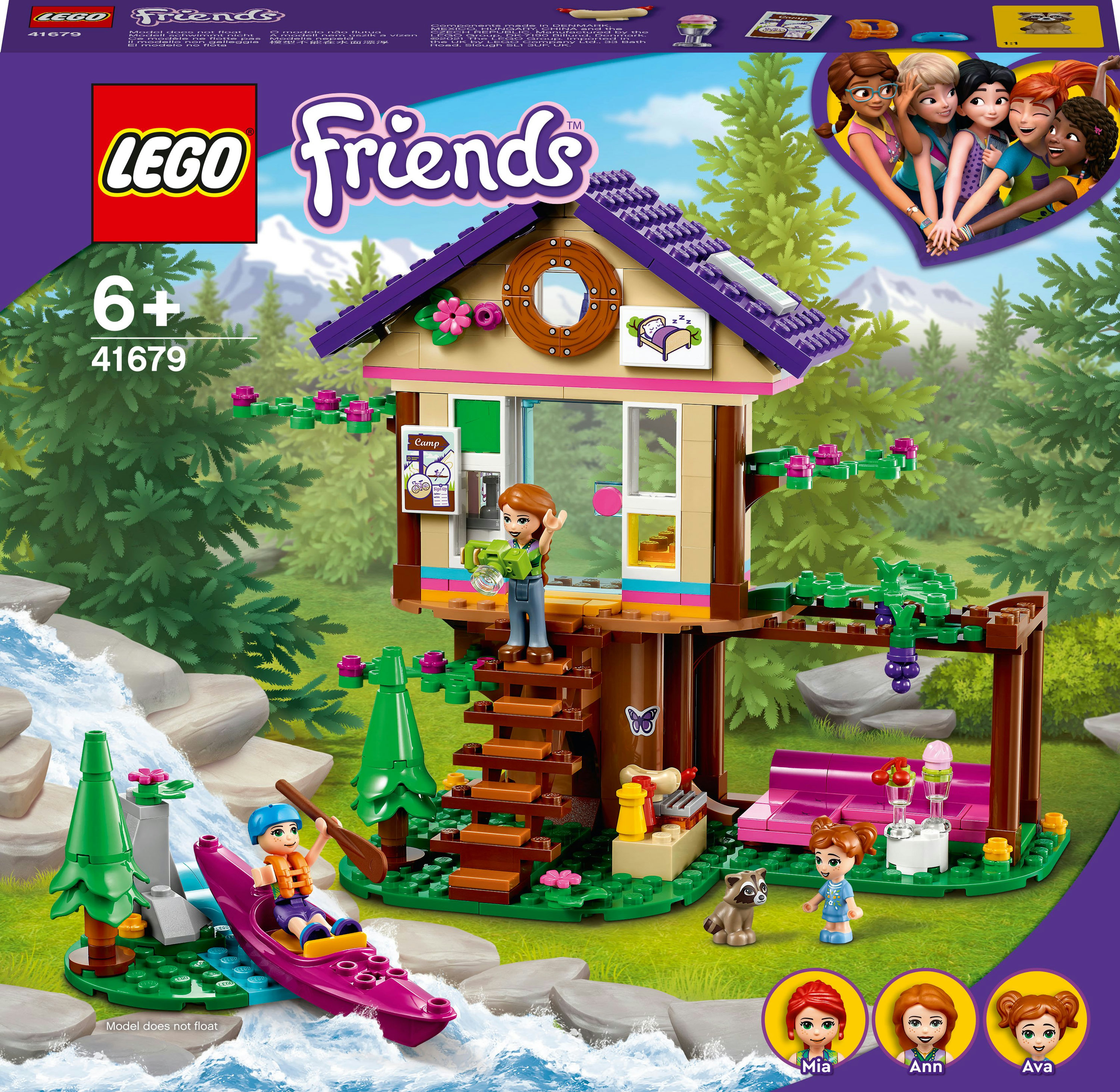 Bir LEGO Friends seti, bir ağaç evini, karakterleri, bir gölü ve bir şelaleyi tasvir ediyor.