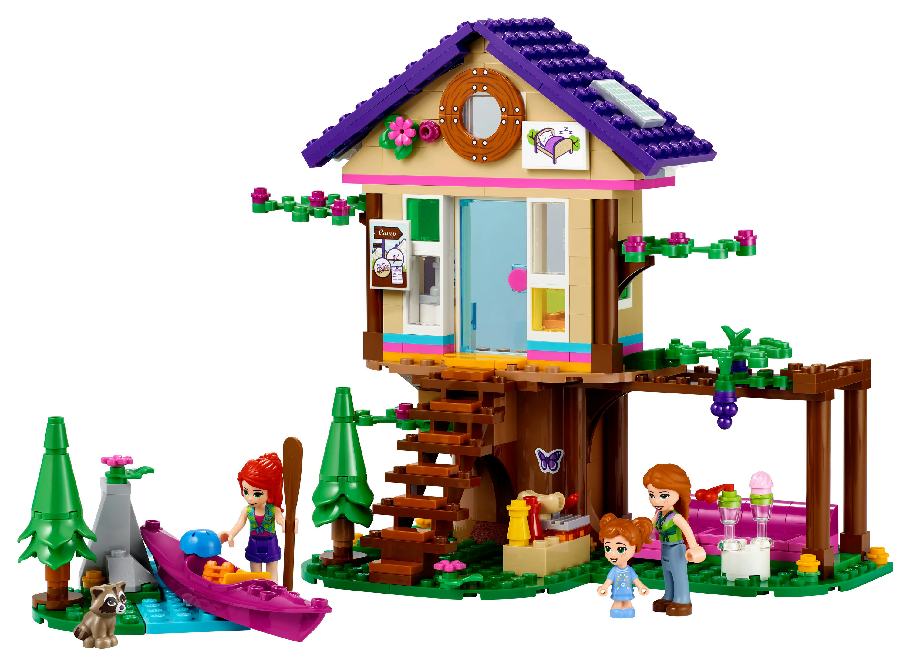 Lego Friends ağaç ev sahnesi. Figürler, kayık, ağaç ev ve aksesuarlar. Dış mekanda parlak renkler.
