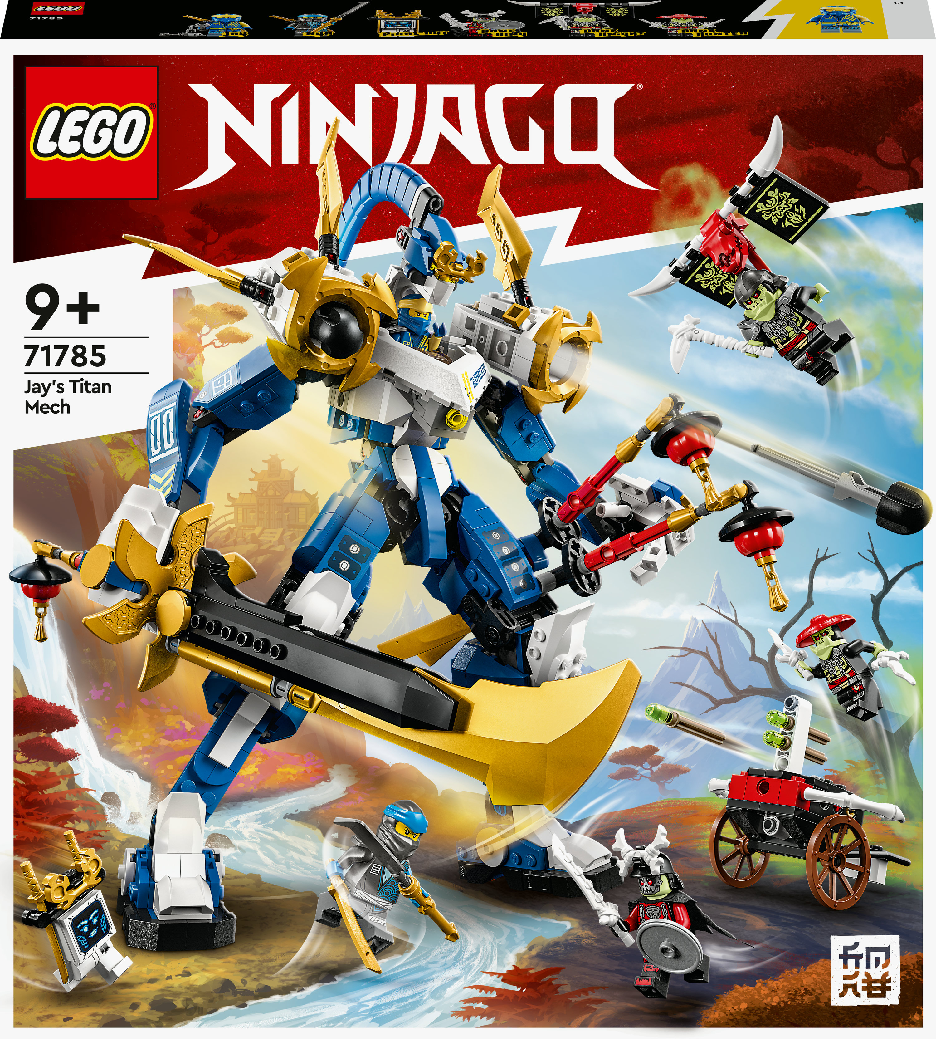 LEGO Ninjago Jays Titan Mech Set, mit einem großen blauen Mech und verschiedenen Ninja-Figuren.