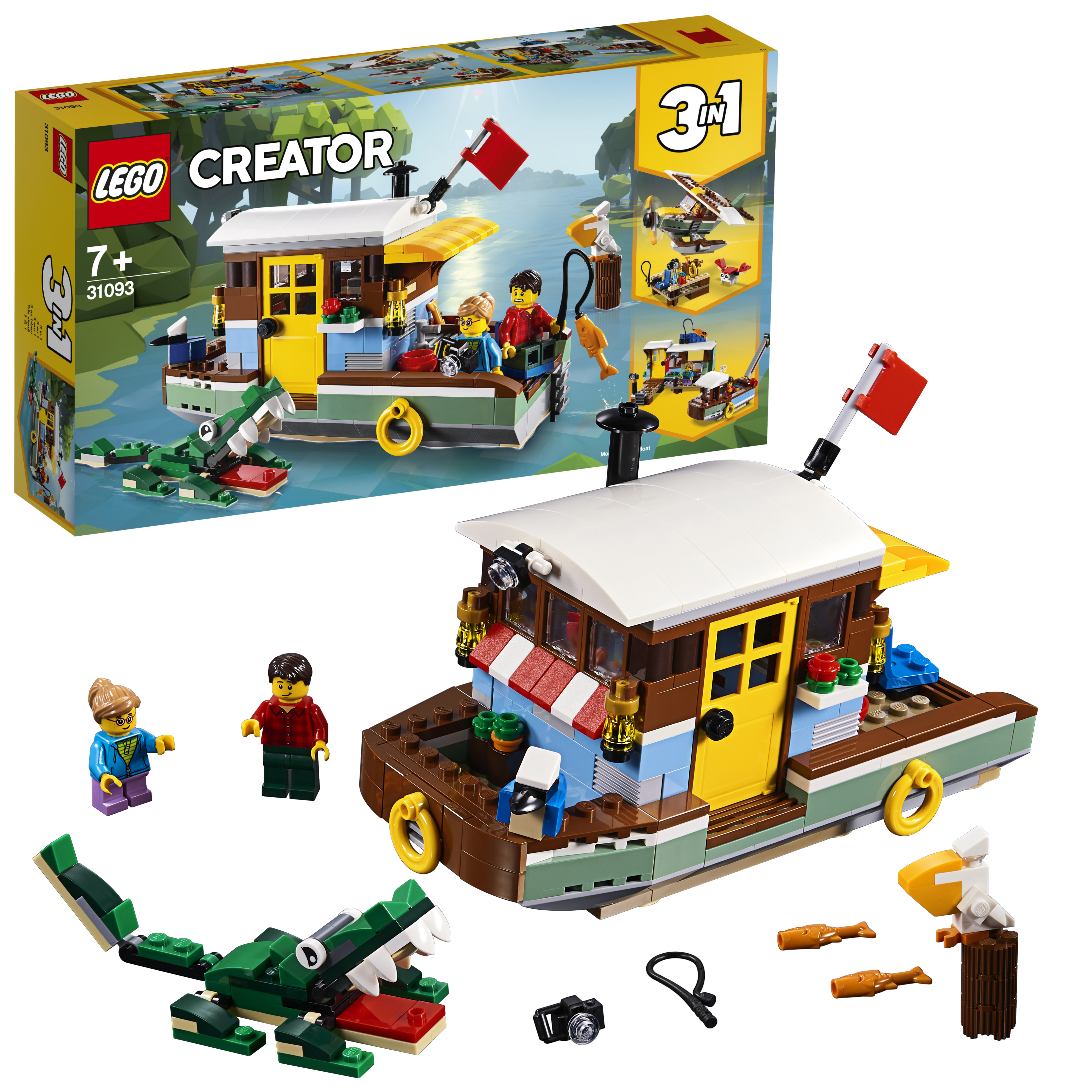Set LEGO Creator: Una barca con un pescatore, due personaggi, un coccodrillo e accessori.