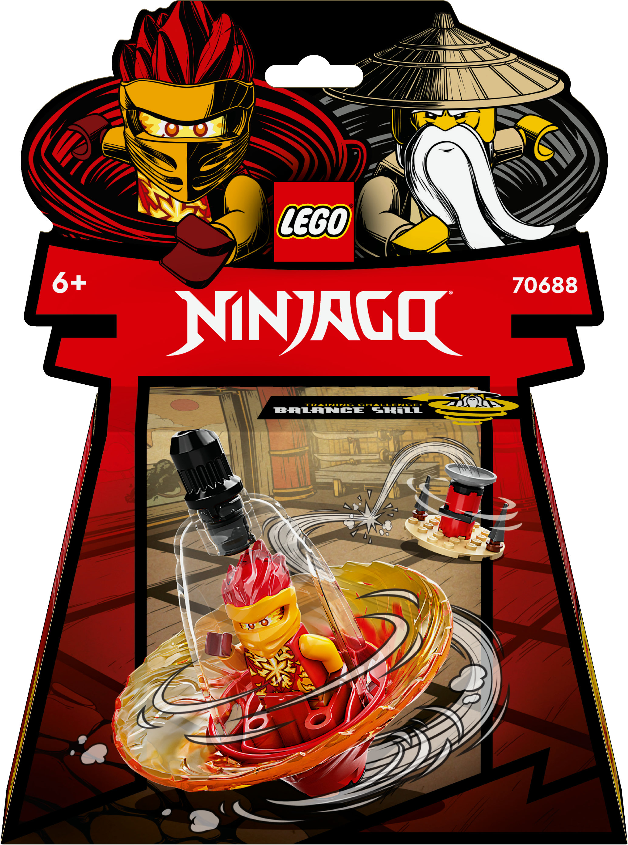 Un set LEGO Ninjago avec une figurine de ninja dans un spinner, avec une boîte en haut.