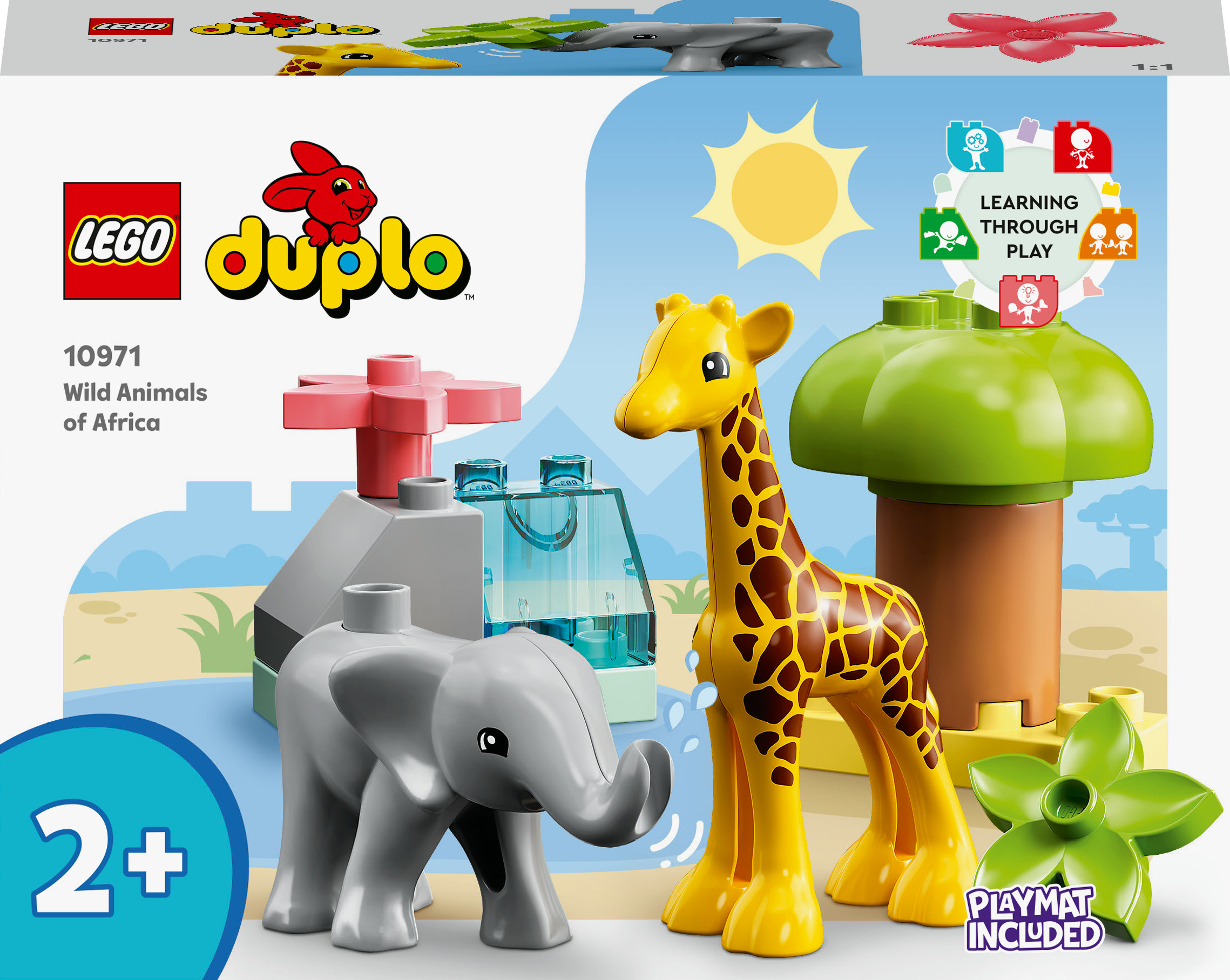 Lego Duplo Set mit Giraffe, Elefant, Bäumen und rosa Struktur, mit einem '2+' Schild.