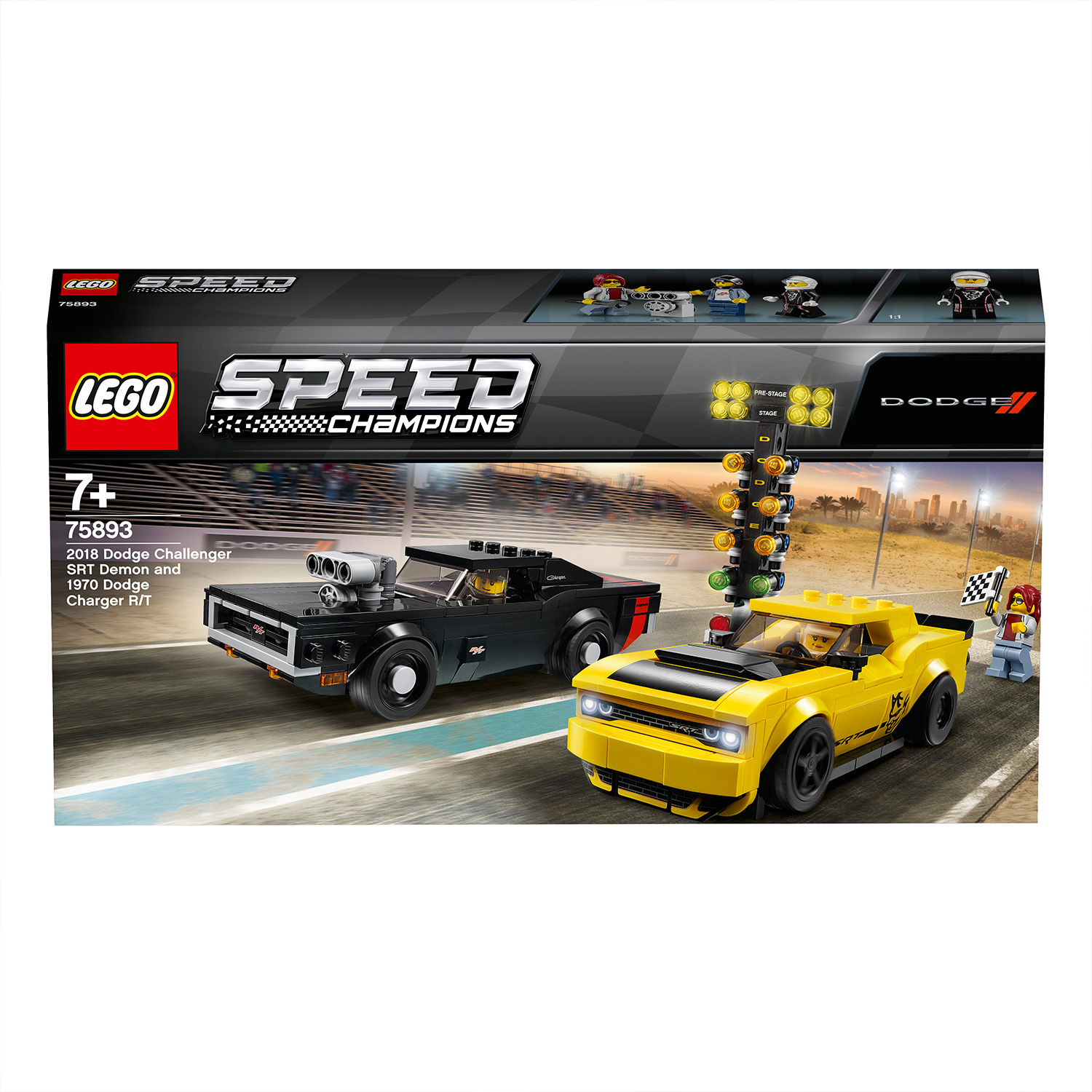 LEGO Speed Champions Set mit zwei Dodge Autos: ein schwarzer Challenger und ein gelber Charger R/T.