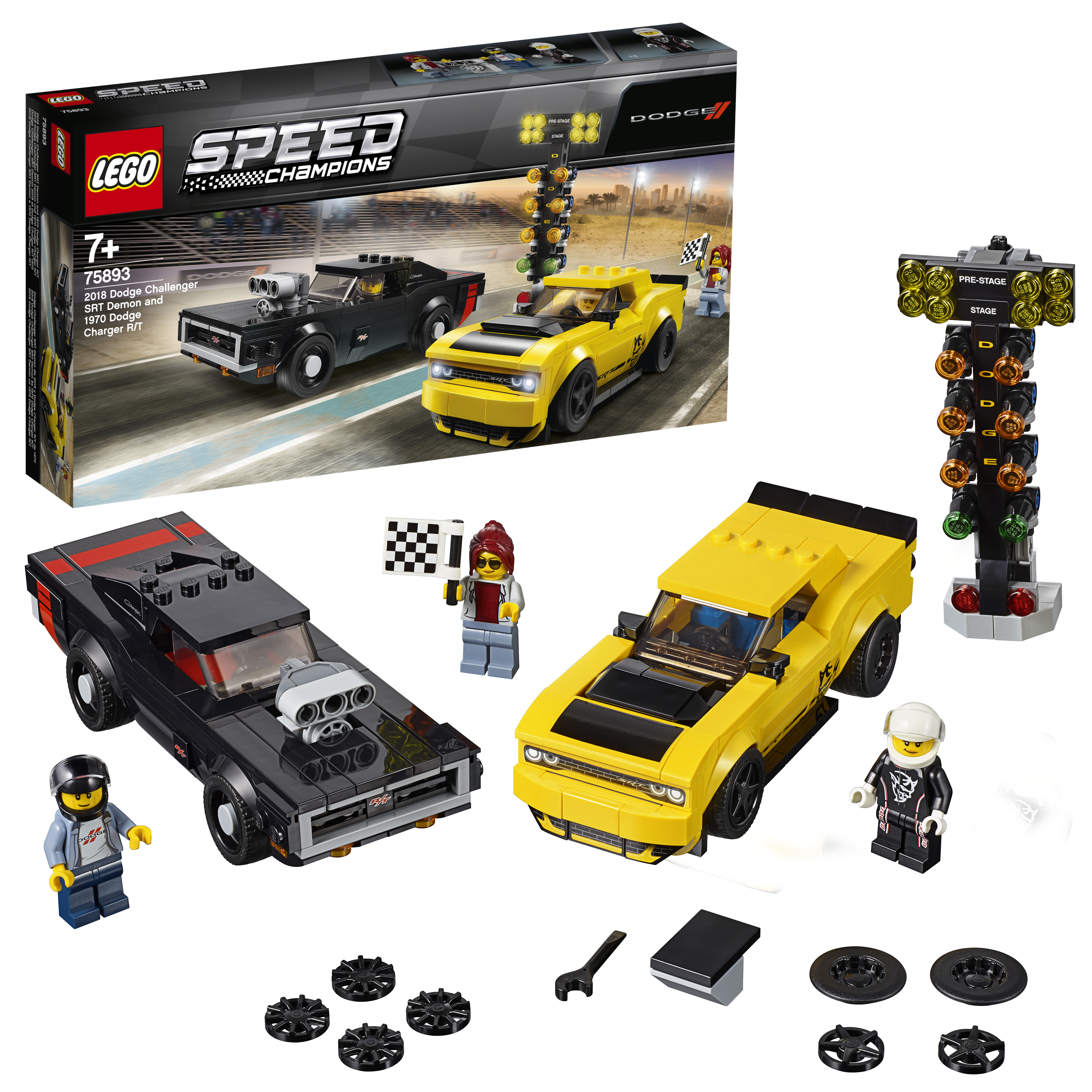 LEGO Speed Champions Set. Zwei Dodge Challenger Autos, eine Rennflagge, zwei Minifiguren und eine Rennstartbeleuchtung. Schwarz und gelb.