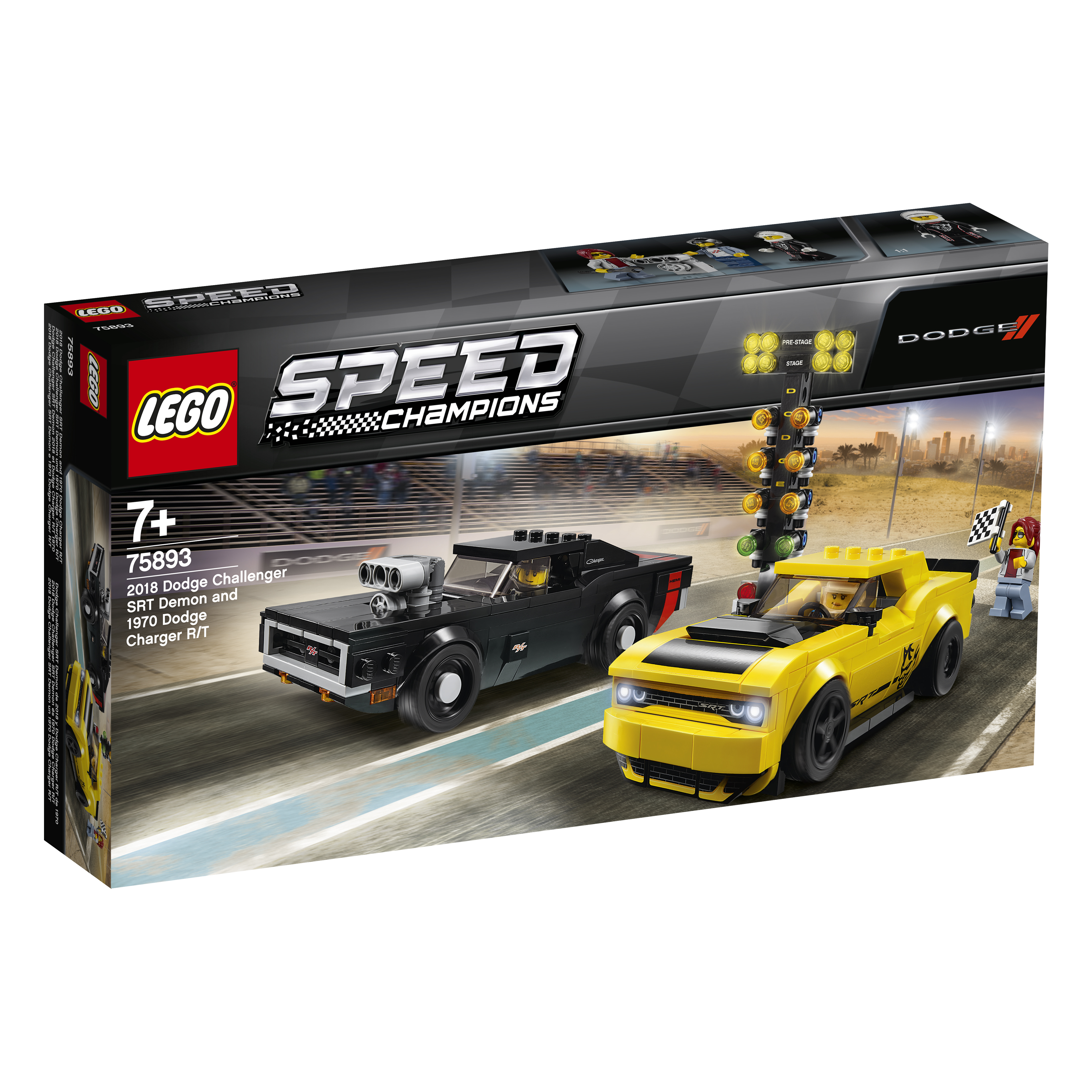 Lego Speed Champions Set mit zwei Autos: einem schwarzen Dodge Challenger und einem gelben Dodge Charger.